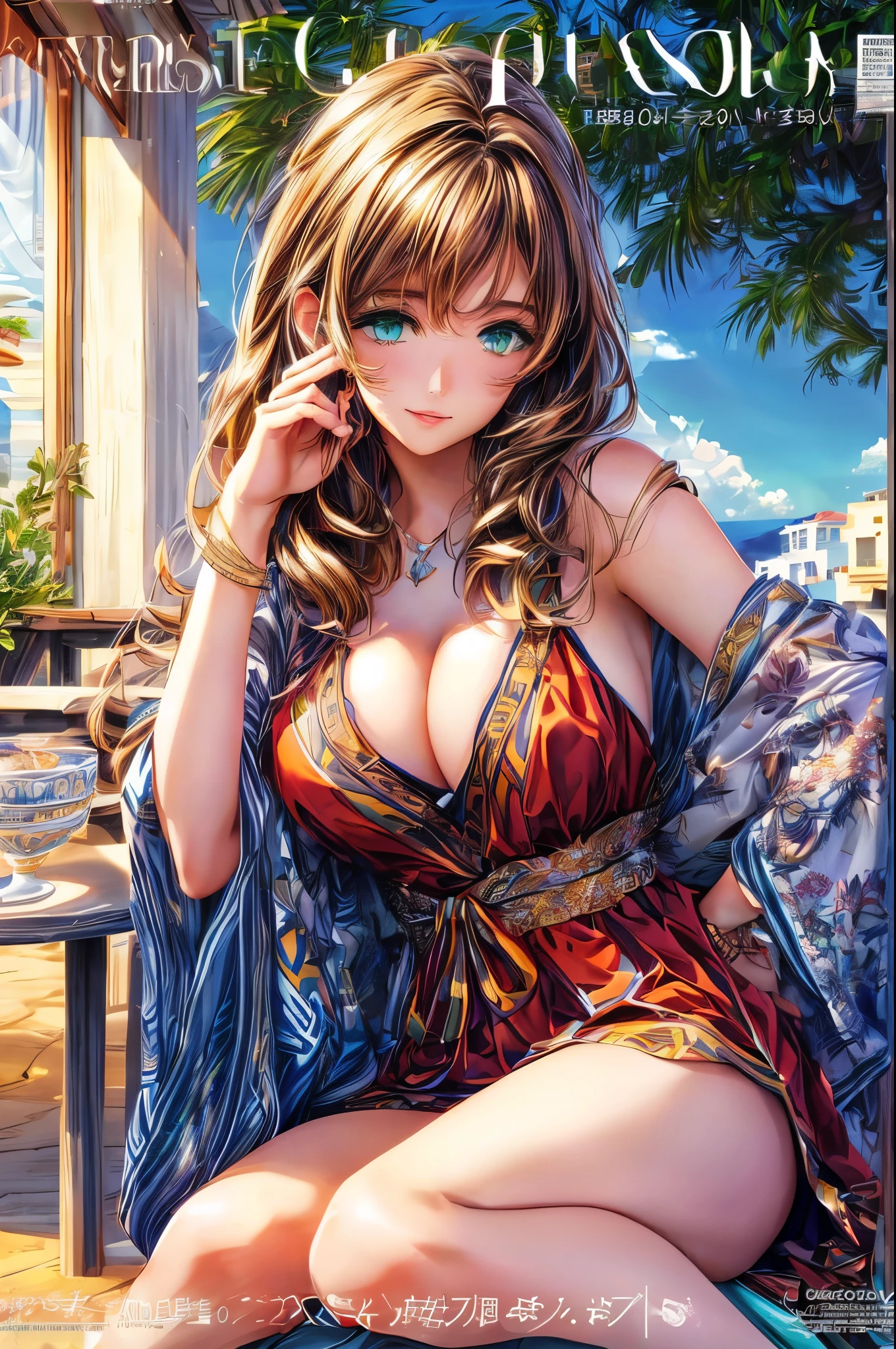 Woman in Greece portrait anime green eyes Nikon camera sunset hour realistic photography Beach House at Greek island animation realistic brown hair (magazine:1.4) (cover-style:1.3)