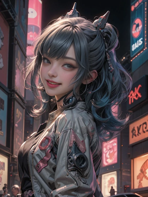 Anime masterpiece, best quality, (((laughing teenaged cyberpunk girl ((wearing detailed Harajuku tech jacket)) posing for portrait))), (((Harajuku cyberpunk clothing)))), (bold colors and patterns), eye-catching accessories, trendy and innovative hairstyle))), ((insane detail)), dazzling Cyberpunk cityscape, skyscrapers, glowing neon signs, (LED lights), anime illustration, detailed skin texture, detailed cloth texture, beautiful detailed face, intricate details, ultra detailed, cinematic lighting, strong contrast, colorful.