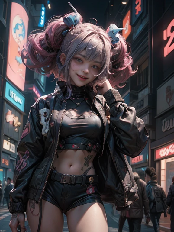 Anime masterpiece, best quality, (((laughing teenaged cyberpunk girl ((wearing detailed Harajuku tech jacket)) posing for portrait))), (((Harajuku cyberpunk clothing)))), (bold colors and patterns), eye-catching accessories, trendy and innovative hairstyle))), ((insane detail)), dazzling Cyberpunk cityscape, skyscrapers, glowing neon signs, (LED lights), anime illustration, detailed skin texture, detailed cloth texture, beautiful detailed face, intricate details, ultra detailed, cinematic lighting, strong contrast, colorful.