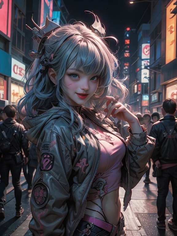 Anime masterpiece, best quality, (((laughing teenaged cyberpunk girl ((wearing detailed Harajuku tech jacket)) posing for portrait))), (((Harajuku cyberpunk clothing)))), (bold colors and patterns), eye-catching accessories, trendy and innovative hairstyle))), ((insane detail)), dazzling Cyberpunk cityscape, skyscrapers, glowing neon signs, (LED lights), anime illustration, detailed skin texture, detailed cloth texture, beautiful detailed face, intricate details, ultra detailed, cinematic lighting, strong contrast, colorful.