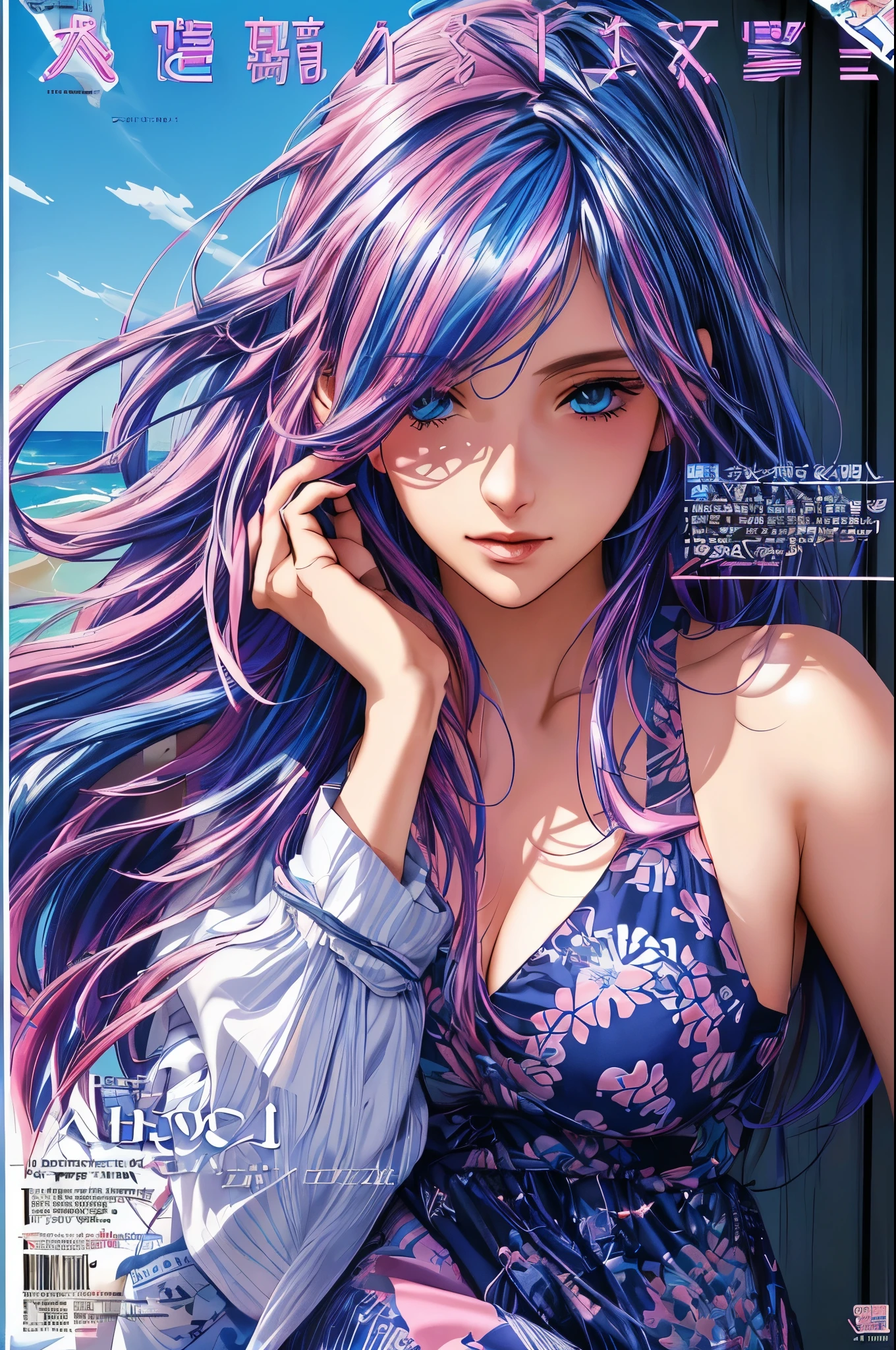 Woman in Greece portrait anime dark blue hair streaked pink purple hair blue eyes sunset hour realistic photography Beach House at Greek island animation realistic (magazine:1.35) (cover-style:1.3)