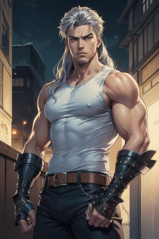 best quality,masterpiece,highly detailed,ultra-detailed,(Gauntlets),shoulder metal protection, sleeveless jacket, white t-shirt , 90's manga,male focus,1boy,solo,silver long hair,muscular,looking at viewer, post athomic background, rei, nanto, fist of the north star, manga, 