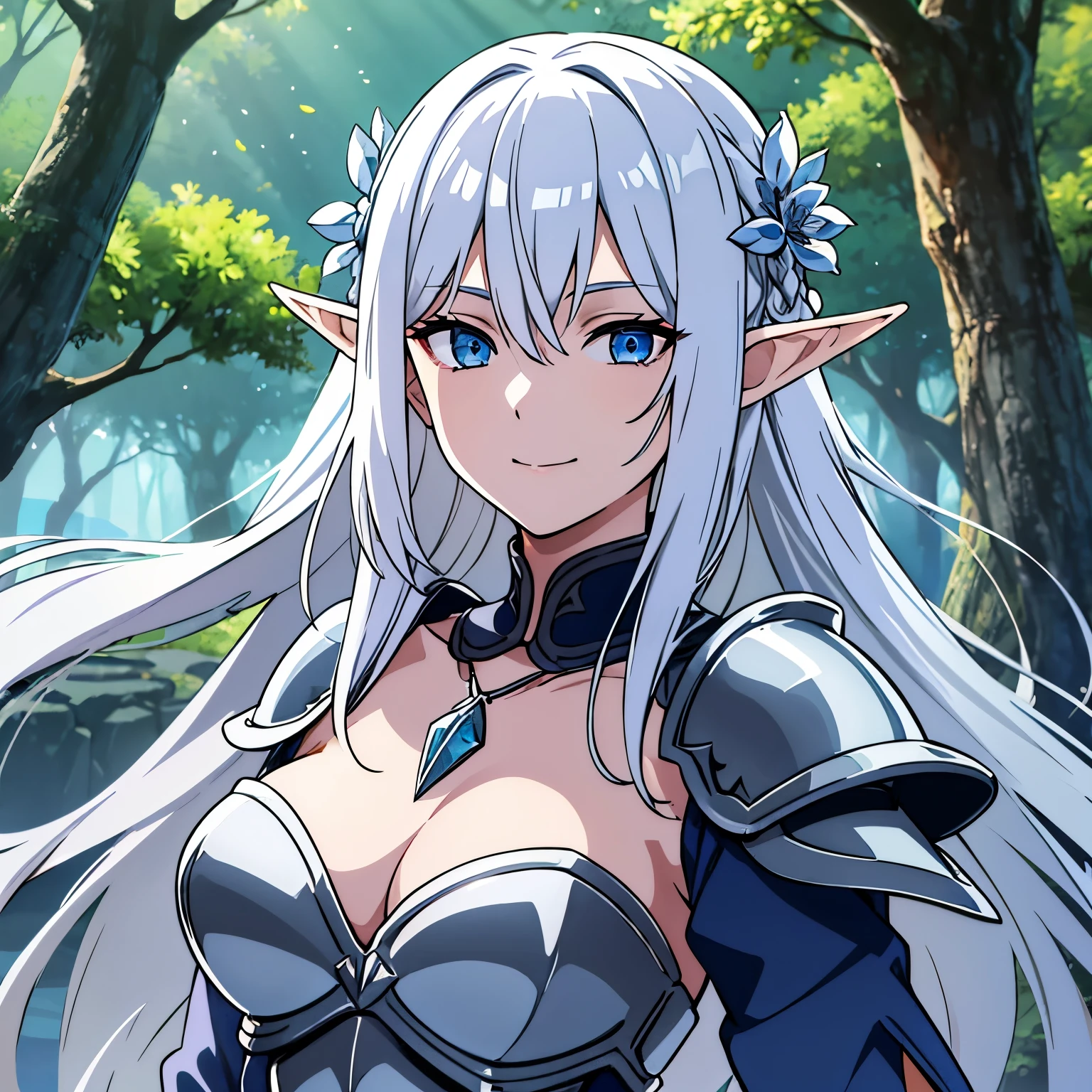 castle, medieval background, smile, Smiling, solo, 1girl, soft smile, slender figure, slim, young girl, short height, full cheeks, skinny, short height, Sexy, Beautiful composition, the trees, beatiful face, handsome body (Body Full 1.1.), Beautiful figure, in full height (Body Full 1.1.), closed mouth, Digital Art, sexypose, beautiful breasts, small-sized breasts, High Elf Knight(Body Full 1.1) elf, (Dark Blue eyes:1.5), white hair, long hair, braid on hair, silver hair, Knight, Beautiful figure, beautiful breasts, (Fullness of the body.1,1) silver hair, Hair between the eyes, hairlong, straight hair, pointed ears, long ears, side locks, bangs, Asymmetrical Clothing, elf, (Masterpiece:1.2), Best Quality, High Resolution, Unity 8k Wallpaper, (illustration:0.8), (beautiful detail eyes:1.6), extremely detailed face, perfect lighting, extremely detailed CGI, (perfect arms, perfect anatomy), epic composition, plate armor, knight armor, full armor, spear in hand, hair braid on head, braid, tress, tress on head, golden spear, looking at viewer, necklace, cleavage