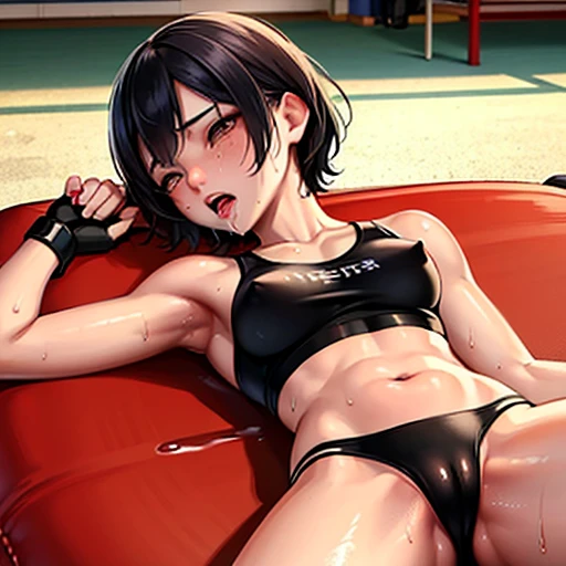 Small breasts, poor belly, slender body. Erect nipples.Incontinence. Cute Japanese high school girl with short cut black hair.Cute Japanese high school girl with short cut black hair. Sweat and blood dripping from her body and face, she is covered in bruises, lying down and fainting in a mixed martial arts ring. She is deflated. Both eyes closed, mouth open, she is dripping red drool. She is wearing a sports bra, high-leg panties, and open-fingered gloves.