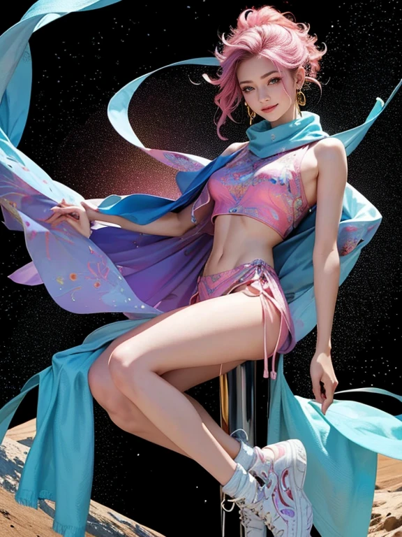 highest quality, Very detailed, masterpiece, 1 person,woman,(((完璧なwomanの体))),Very beautiful face, Very beautiful body,Gentle expression, Very beautiful eyes,(Perfect Makeup:1.1),Fashion Model,Cyberpunk Fashion,Curly Hair,Shaggy Hair,pink and blue hair:1.3, very thin body,Smart Abs,Monogram pattern,Gradation,Fractal Art Silk Suit,Two-tone high-top sneakers,A kind smile,Full body portrait,(Space Station Background), (Shiny skin),(Earrings),Seesul,Long scarf with elegant pattern,Extra long shawl,Haori,