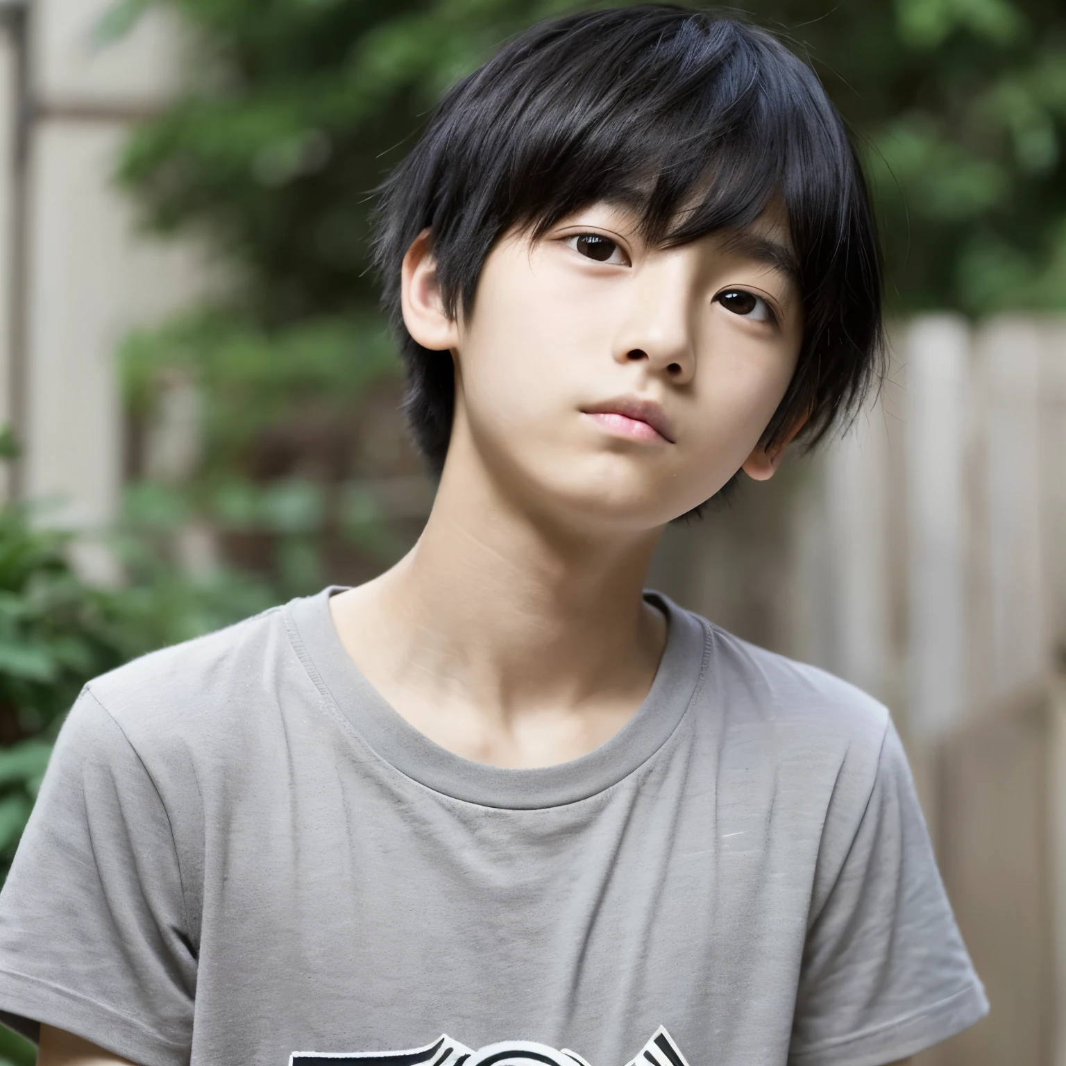 Japanese boy, 13 years old, skinny, white skin, round eyes, blank expression, thin lips, black hair with bangs, dirty and worn grey t-shitt