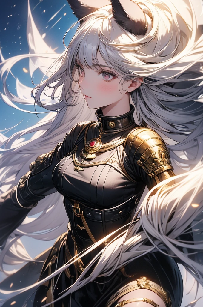 ((masterpiece, highest quality)),Ultra-high resolution, (realism: 1.4),Best illustrations,Line art,Very condensed adult female,Female warrior fighting the enemy,Delicate and beautiful features,Long, narrow eyes,Sharp face,A white coat with extremely detailed wrinkles,Silver Hair,Wolf ears,Fantasy,The background is a full moon and wilderness,wide aperture,Unreal 5,Scattered beneath the surface,Anatomically correct,Low angle full body shot