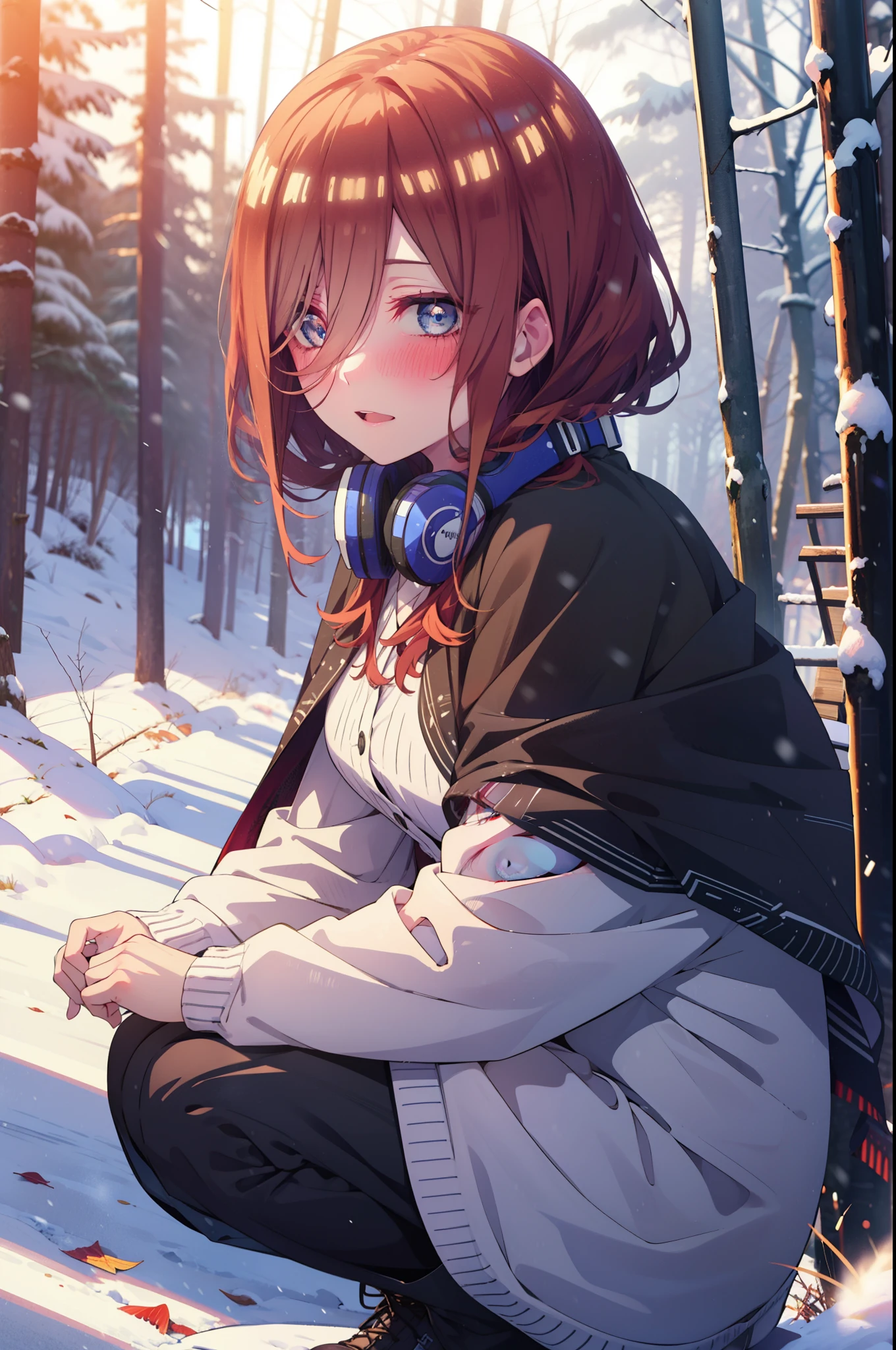 Miku Nakano, Miku Nakano, Long Hair, bangs, Brown Hair, shirt, Hair between the eyes, cardigan, Headphones around the neck,smile,blush,White Breath,
Open your mouth,snow,Ground bonfire, Outdoor, boots, snowing, From the side, wood, suitcase, Cape, Blurred, Increase your meals, forest, White handbag, nature, Squat, Mouth closed, フードed Cape, winter, Written boundary depth, Black shoes, red Cape break looking at viewer, Upper Body, whole body, break Outdoor, forest, nature, break (masterpiece:1.2), highest quality, High resolution, unity 8k wallpaper, (shape:0.8), (Beautiful and beautiful eyes:1.6), Highly detailed face, Perfect lighting, Extremely detailed CG, (Perfect hands, Perfect Anatomy),