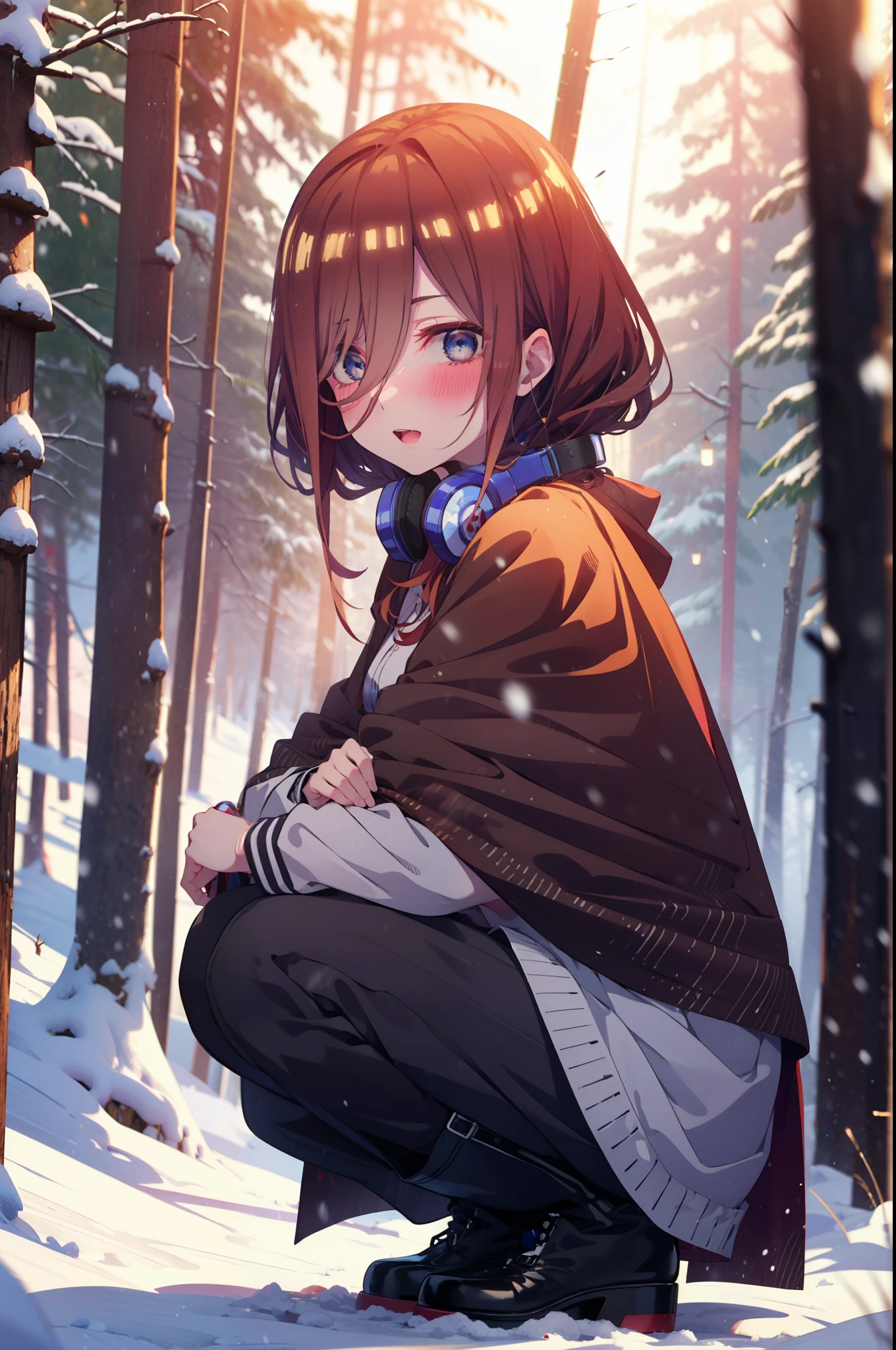 Miku Nakano, Miku Nakano, Long Hair, bangs, Brown Hair, shirt, Hair between the eyes, cardigan, Headphones around the neck,smile,blush,White Breath,
Open your mouth,snow,Ground bonfire, Outdoor, boots, snowing, From the side, wood, suitcase, Cape, Blurred, Increase your meals, forest, White handbag, nature,  Squat, Mouth closed, フードed Cape, winter, Written boundary depth, Black shoes, red Cape break looking at viewer, Upper Body, whole body, break Outdoor, forest, nature, break (masterpiece:1.2), highest quality, High resolution, unity 8k wallpaper, (shape:0.8), (Beautiful and beautiful eyes:1.6), Highly detailed face, Perfect lighting, Extremely detailed CG, (Perfect hands, Perfect ???????),