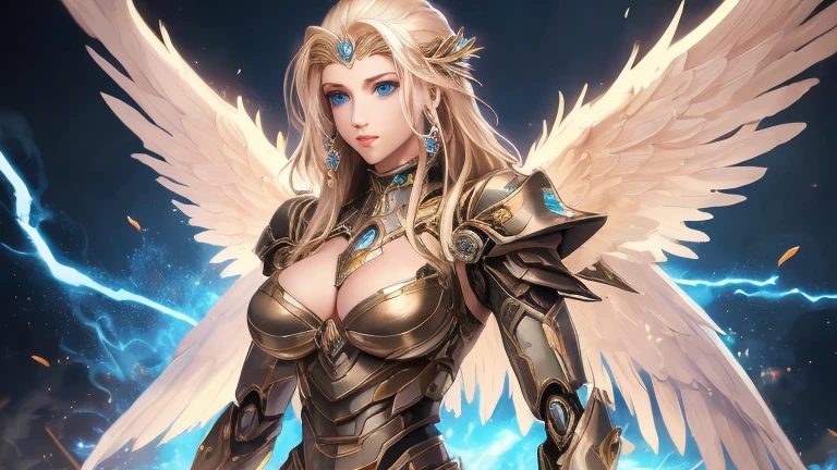 masterpiece, best quality, rich and colorful, , (Pinky skin:1.2), Big breasts, Mecha, armor, girl,Mechanical_Body, high resolution, blond hair, Very long hair, garlic, , Solitary, blue eyes, White coat, Soft fabric waist extension, Blue Energy, destroy, Quantum Energy, Mechanical wings