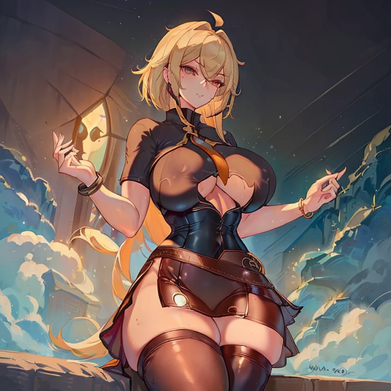 (((Masterpiece))) 1woman, 30yo, sexy and sensual, (((perfect sexy body))), (((beautiful face))), (((big tits))), wearing a short leather skirt, Two pistols on the belt ,a leather thinny t- shirt, black leather Bracelets on forearms,black leather knee-high boots, looks like an Amazon from the future, blond long hair, (((beautiful thighs))))