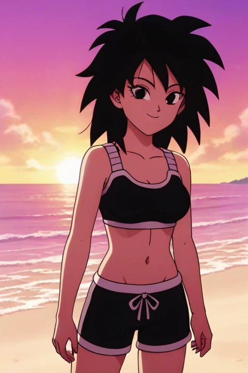 source_anime, score_9,score_8_up, score_7_up, ginedb, anime screencap, 1girl, solo, looking at viewer, smile, medium breasts, black hair, beach, ocean, bare shoulders, medium breasts, smile, standing, cowboy shot, medium hair, black eyes, spiked hair, eyelashes, masterpiece, best quality, very aesthetic, absurdres, black bikins, black bra, black panty, midriff, sunrise, street, standing, cowboy shot,