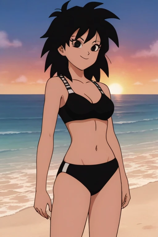 source_anime, score_9,score_8_up, score_7_up, ginedb, anime screencap, 1girl, solo, looking at viewer, smile, medium breasts, black hair, beach, ocean, bare shoulders, medium breasts, smile, standing, cowboy shot, medium hair, black eyes, spiked hair, eyelashes, masterpiece, best quality, very aesthetic, absurdres, black bikins, black bra, black panty, midriff, sunrise, street, standing, cowboy shot,