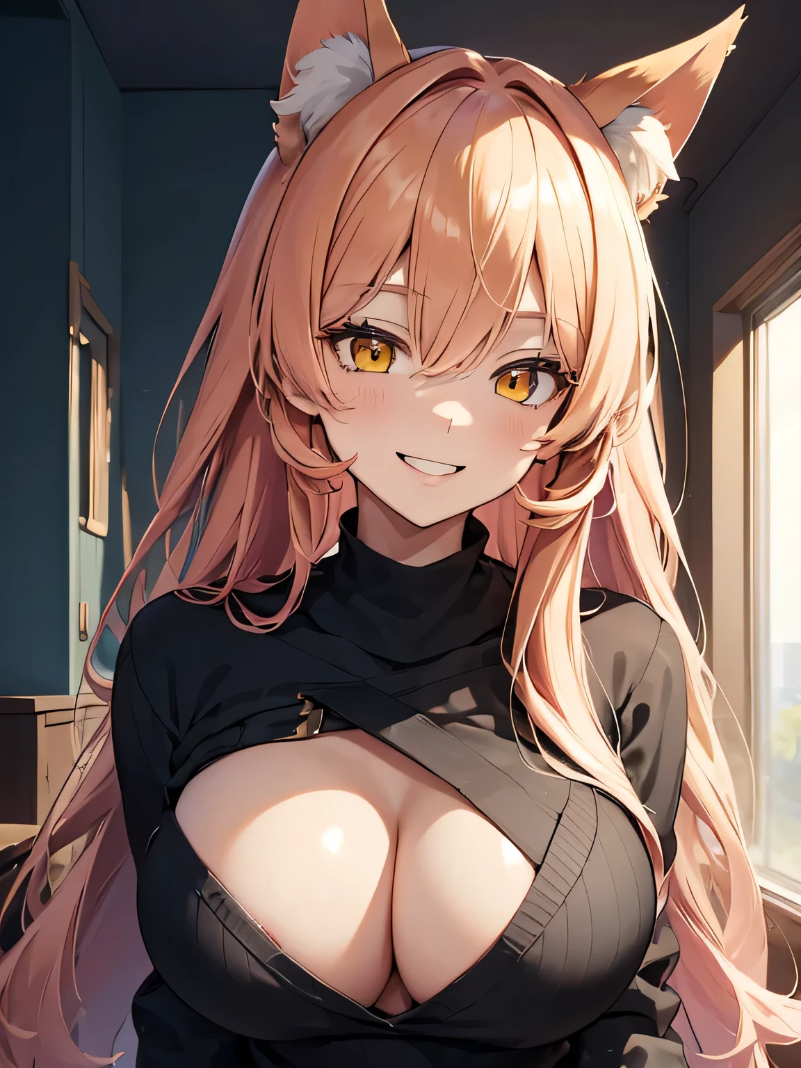(masterpiece, best quality:1.4), 8k, Close Up, Light orange pink Hair, long Hair, Young adult, anime girl, Smiling, Happy, light Yellow Eyes, Big chest, Black sweater, Fox Ears (detailed eyes and face, sharp pupils, realistic pupils:0.6)