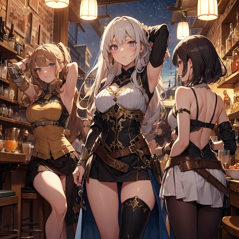 A group of female medieval fantasy adventurers, (in tavern), various hair styles, harem, night, details face, short skirt, seducing, sleeveless, armor, armpits