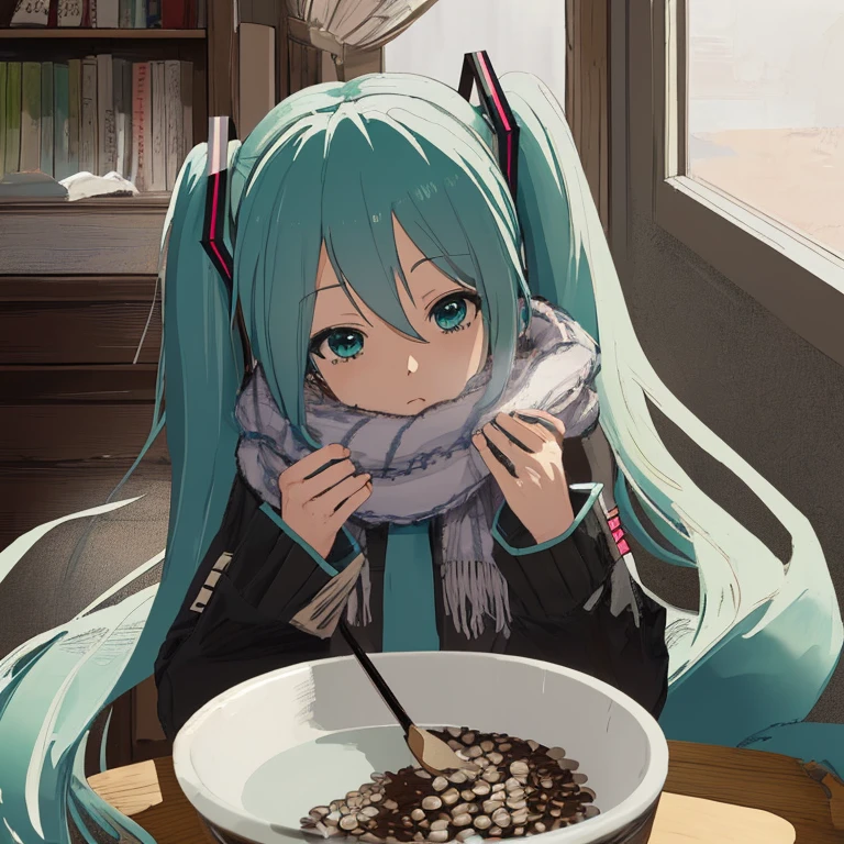 Hatsune Miku knitting a scarf out of buckwheat