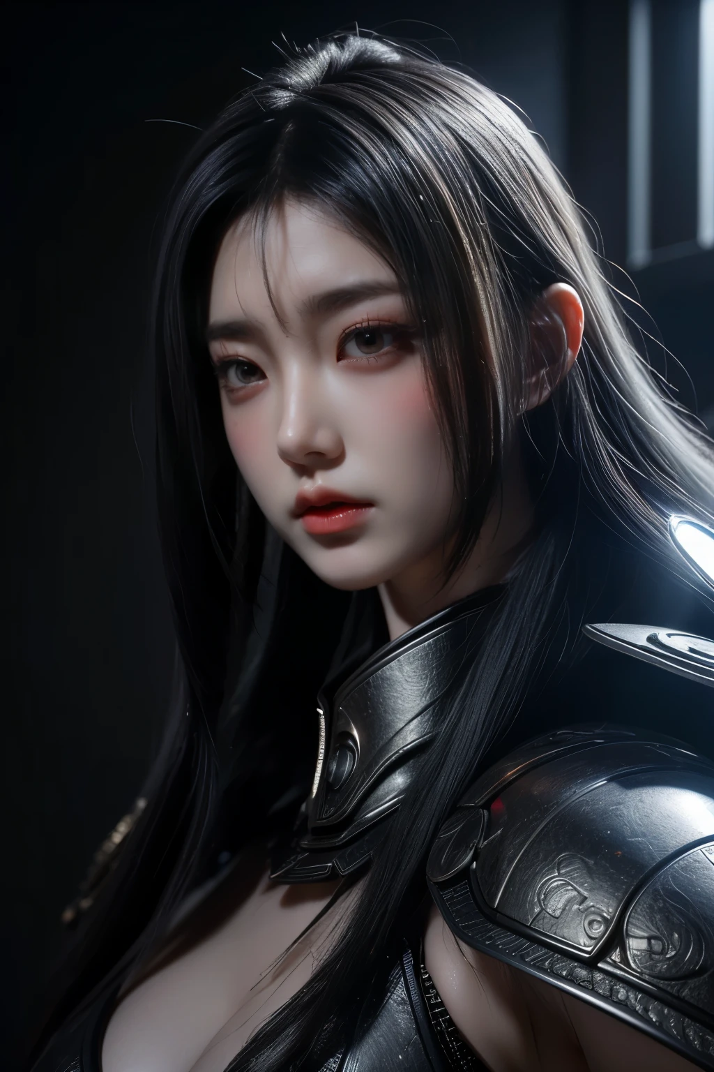 Masterpiece,Game art,The best picture quality,Highest resolution,8K,(Portrait),Unreal Engine 5 rendering works,(Digital Photography),((Portrait Feature:1.5)),
20 year old girl,Short hair details,With long bangs,(The red eye makeup is very meticulous),(With long gray hair:1.4),(Large, full breasts),Elegant and noble,Brave and charming,
(Future armor combined with the characteristics of ancient Chinese armor,Hollow design,Power Armor,The mysterious Eastern runes,A delicate dress pattern,A flash of magic),Warrior of the future,Cyberpunk figures,Background of war,
Movie lights，Ray tracing，Game CG，((3D Unreal Engine))，OC rendering reflection pattern