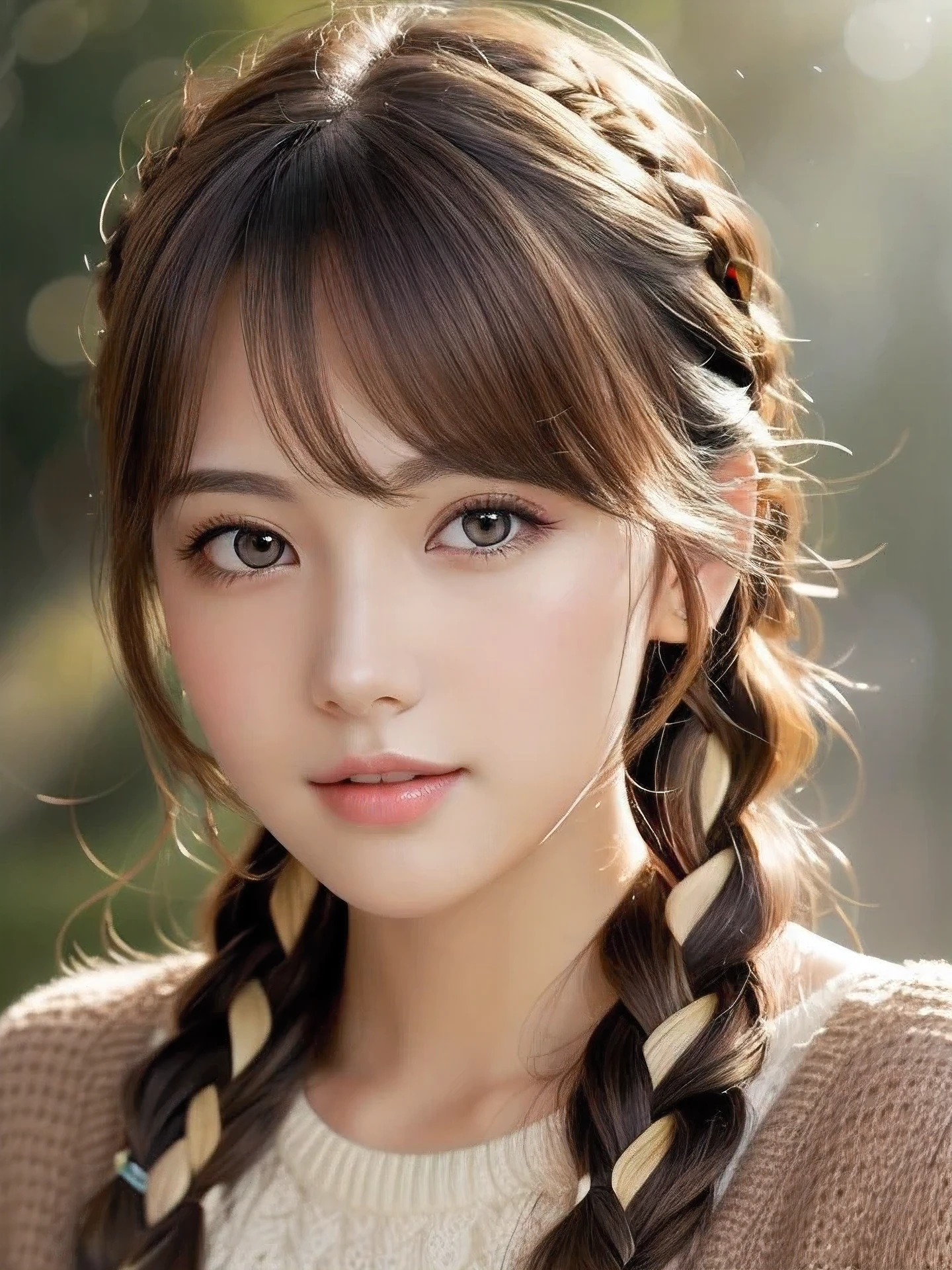 masterpiece, highest quality, High resolution, wallpaper, realistic, (bright lighting:1.4), professional lighting, face light, smooth lighting, (shoot from front:1.8), 1 girl, closeup-face, cute, sleepy, open mouth to say something, shy, Beautiful girl, sexy, super beautiful, beautiful skin, beautiful and detailed eyes、detailed face、slim、moderately, braid hair, brunette colored hair, brown eyes, Professional Photography, Bokeh, Portrait, The morning sunlight shines through the misty forest path. sweater,
