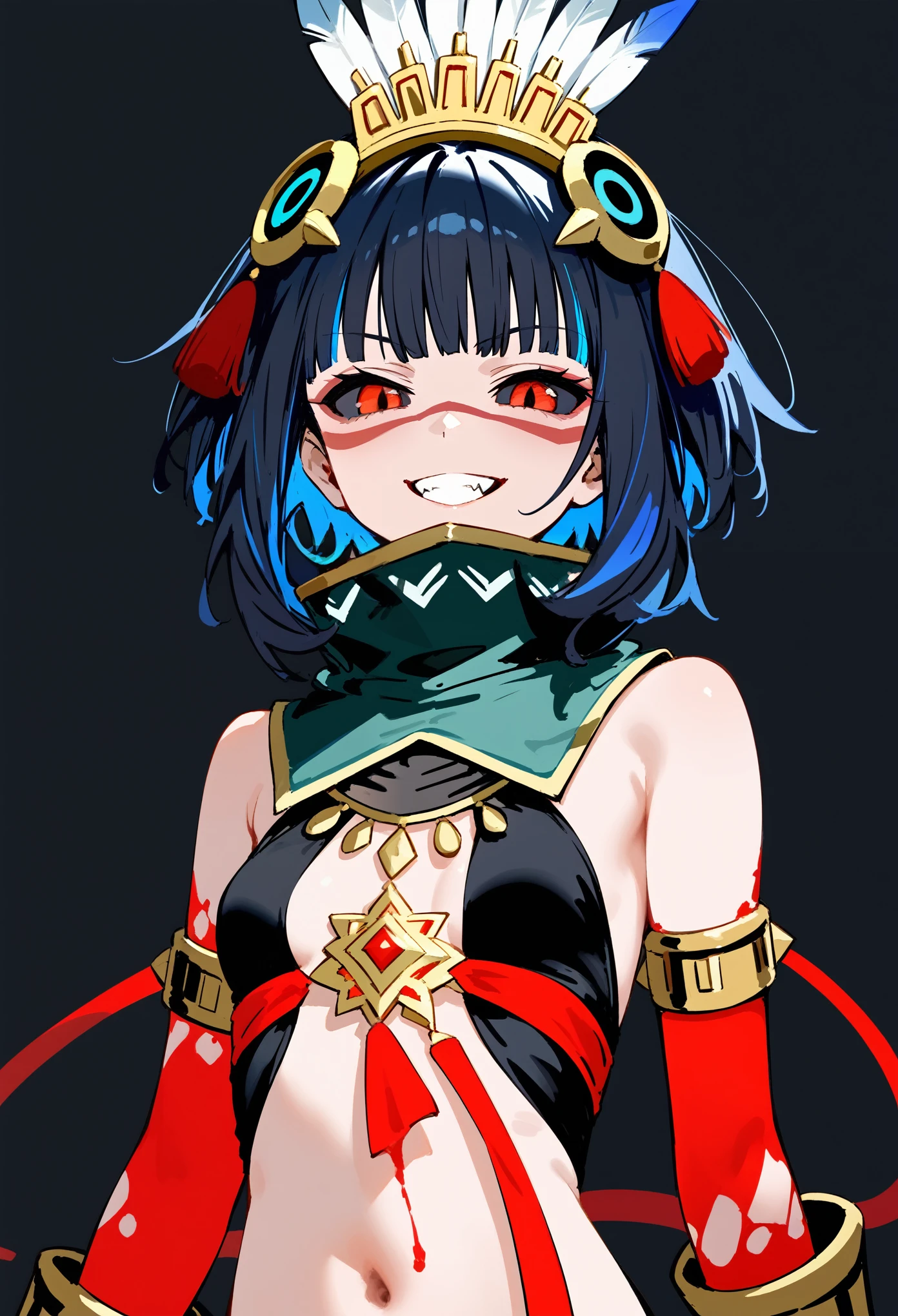 1girl, (black sclera, red eyes), short hair, black hair, sidelocks, colored inner hair, blue hair, blood on hands, eyeliner, feathers, headdress, facepaint, jewelry, high collar, detached collar, bare shoulders, navel, bracer, small breasts, evil grin, fang, upper body, black background, simple background, masterpiece, score_9, score_8_up, score_7_up
