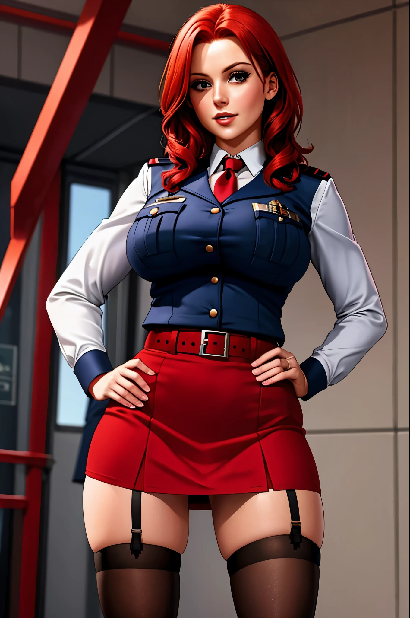 Busty cop, sexy uniform. realistic, red hair, short skirt, stockings, upskirt