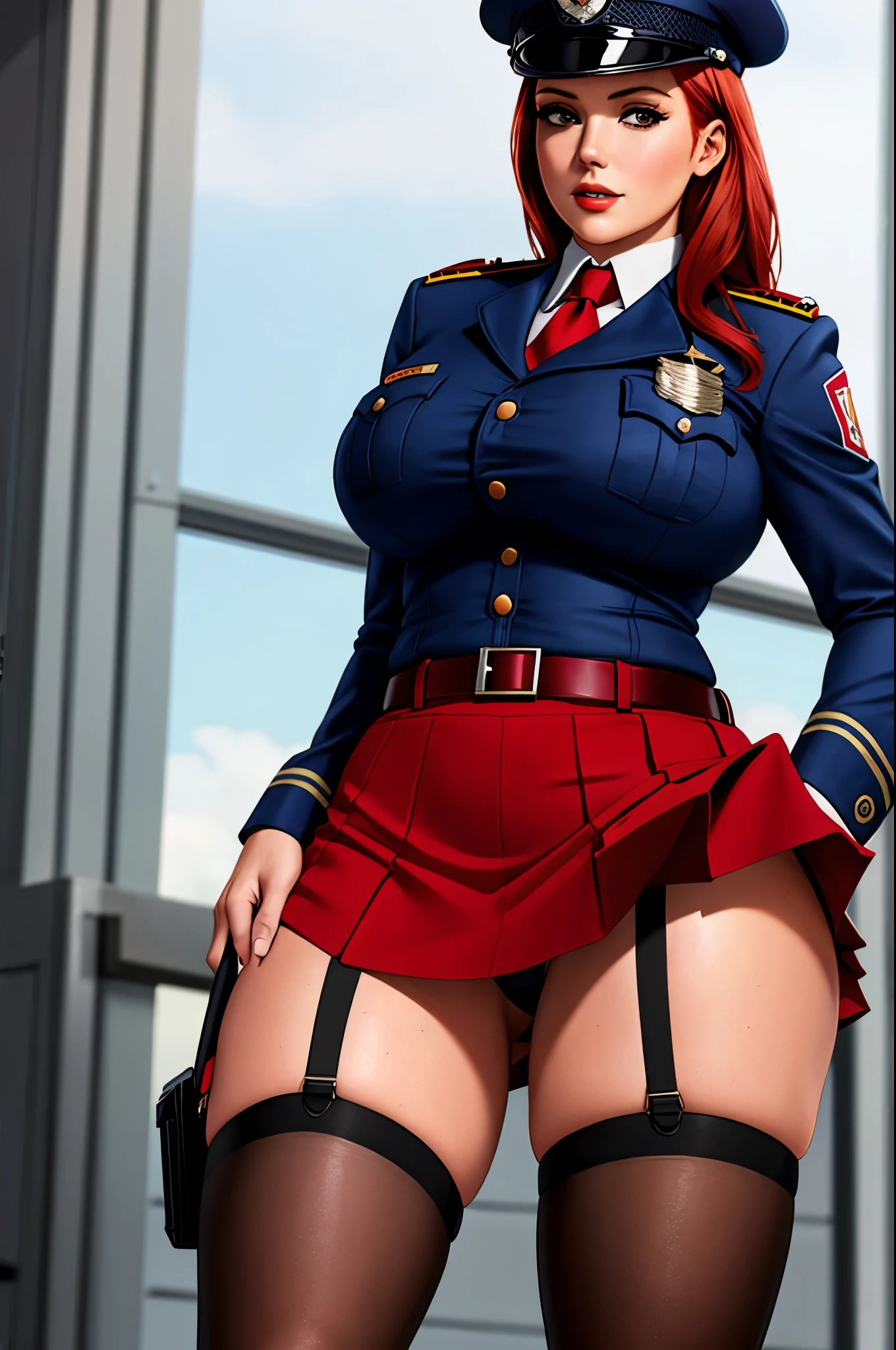Busty cop, sexy uniform. realistic, red hair, short skirt, stockings, upskirt