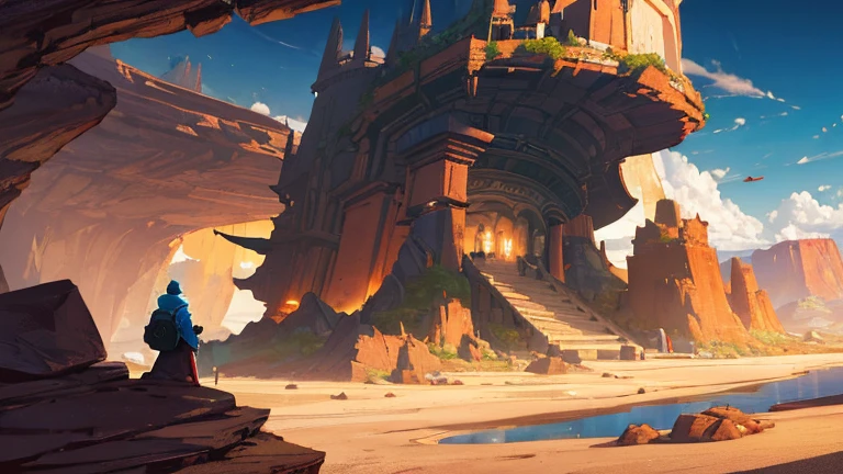 Otherworldly fantasy、A vast, rocky desert、Above, the ribs of a giant creature stretch out into the distance、In the bottom right, a hooded, backpack-wearing magician traveler is reflected, the size of a grain of sand.、