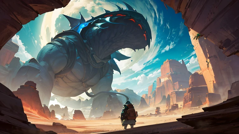 Otherworldly fantasy、A vast, rocky desert、Above, the ribs of a giant creature stretch out into the distance、In the bottom right, a hooded, backpack-wearing magician traveler is reflected, the size of a grain of sand.、