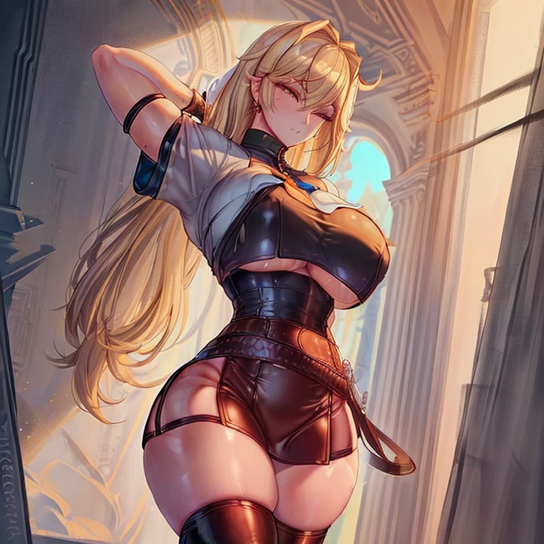 (((Masterpiece))) 1woman, 30yo, sexy and sensual, (((perfect sexy body))), (((beautiful face))), (((big tits))), wearing a short leather skirt, Two pistols on the belt ,a leather thinny t- shirt, black leather Bracelets on forearms,black leather knee-high boots, looks like an Amazon from the future, blond long hair, (((beautiful thighs))))