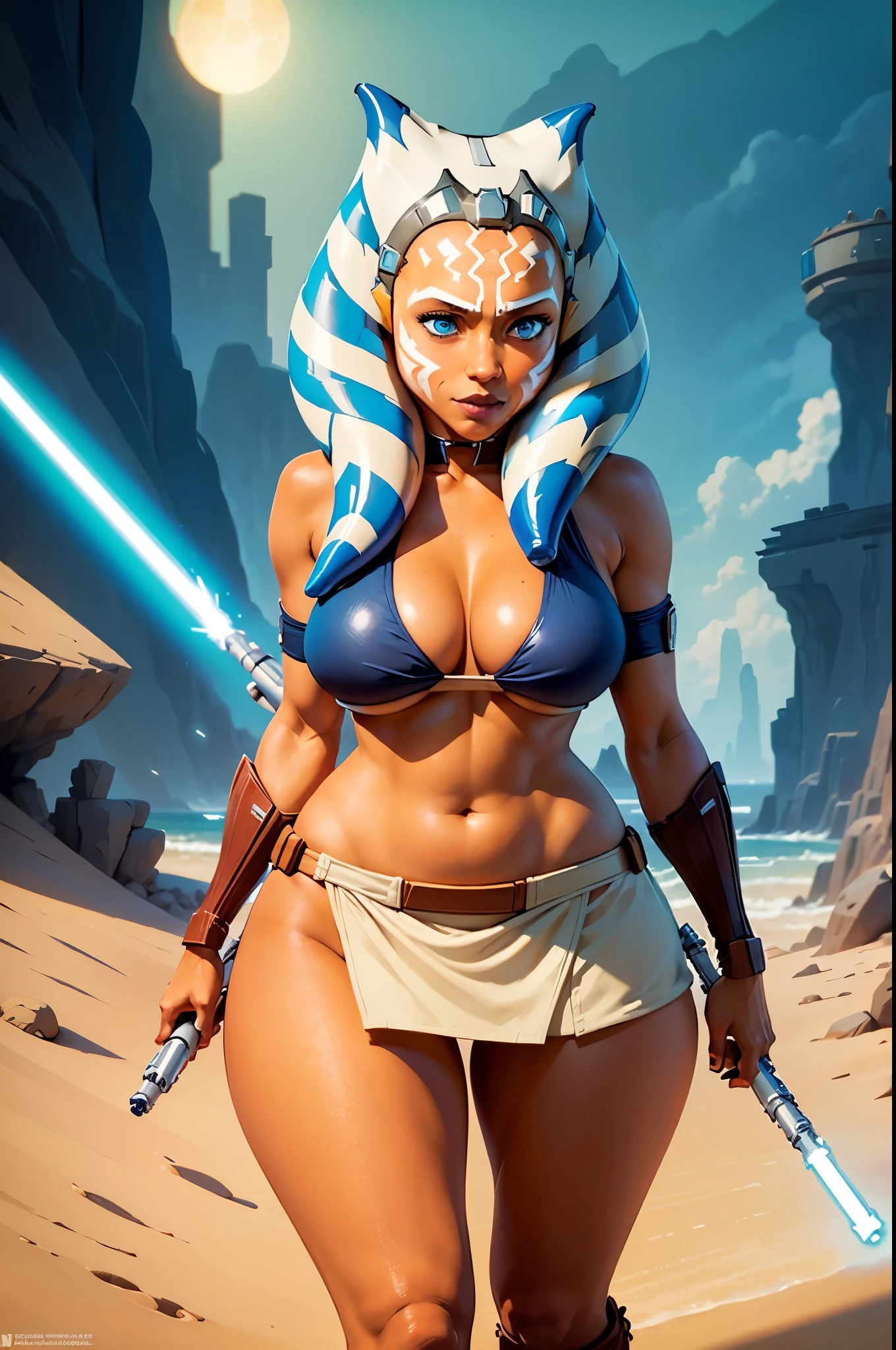  cute ahsoka tano in a bikini((big boods)) and holding a lightsaber(((thick thights))), starwars, star war ships, AHSOKA TANO, BUETYFULL FACE,