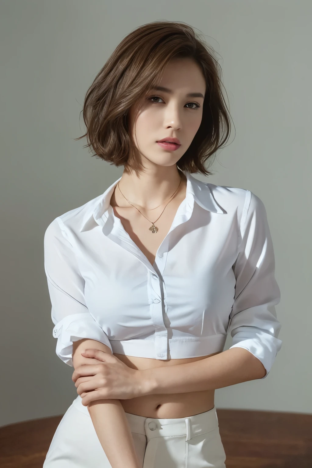 ((top-quality、8K、masterpiece: 1.erfect Body Beauty: 1.4、Slender Abs: 1.2、Beautiful woman with slender abs:1.3、(Highlight Haircutreast B Cup:1.2), medium breast, round shape breast, perfect shape breast, (( sexy , white shirt )), necklace, hyperdetailed face、18year old、 Pretty women、(Dark brown short-cut hair), Slim Face、Highly detailed facial and skin texture、very detailed lips、opens legs、top-quality、masterpiece、超A high resolution、(Photorealsitic:1.4), walked forward confidently, long shot , studio setup, photography steup, light from both side, background,