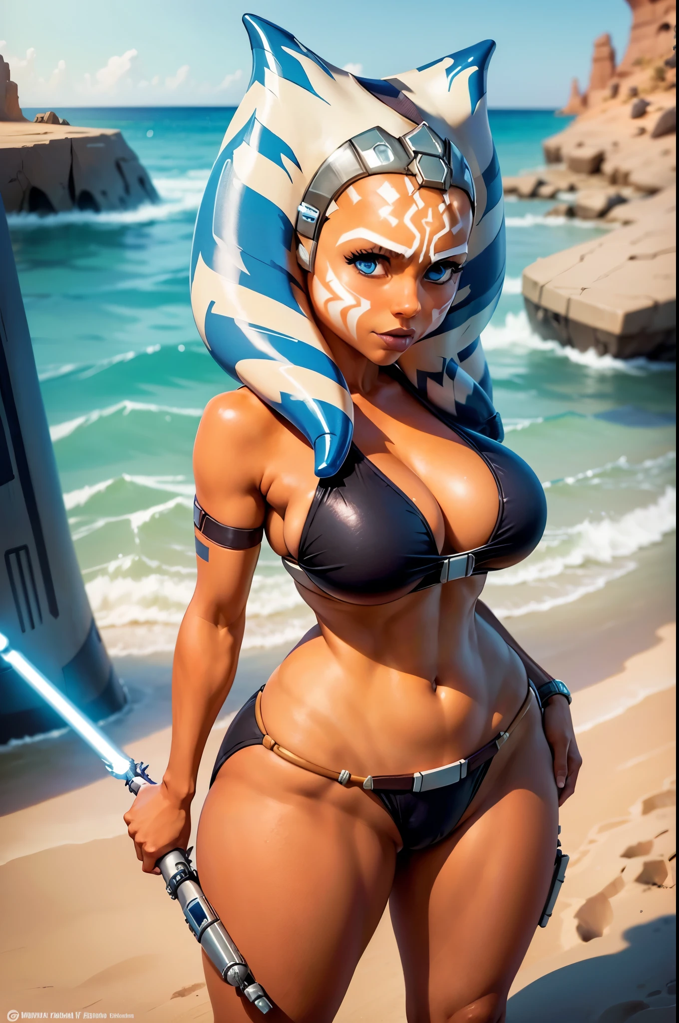  cute ahsoka tano in a bikini((big boods)) and holding a lightsaber(((thick thights))), starwars, star war ships, AHSOKA TANO, BUETYFULL FACE,