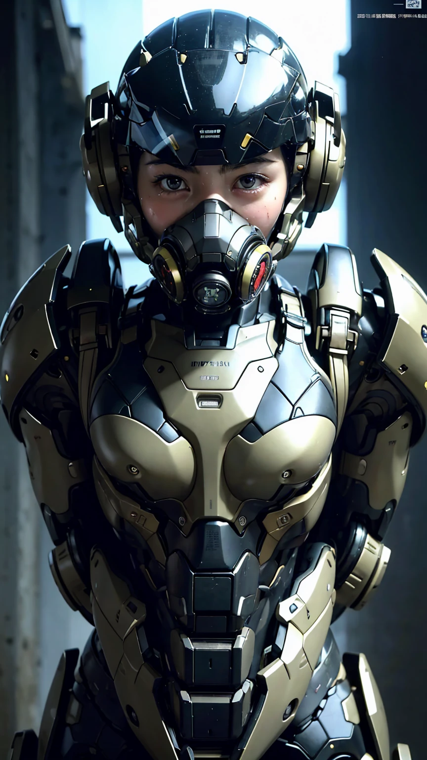 最high quality非常に詳細, Advanced Details, high quality, 最high quality, High resolution, 1080p, hard disk, beautiful,(War Machine),(headgear),See the big picture,beautifulサイボーグ女性,Mecha Cyborg Girl,Battle Mode,Mecha Body Girl　8k 　 girl　Sweaty face　Droopy eyes　short hair　Gas mask with extension nozzle　boyish　Steam coming from the head　My hair is wet with sweat　Black Hair, Steam coming out of the mouth