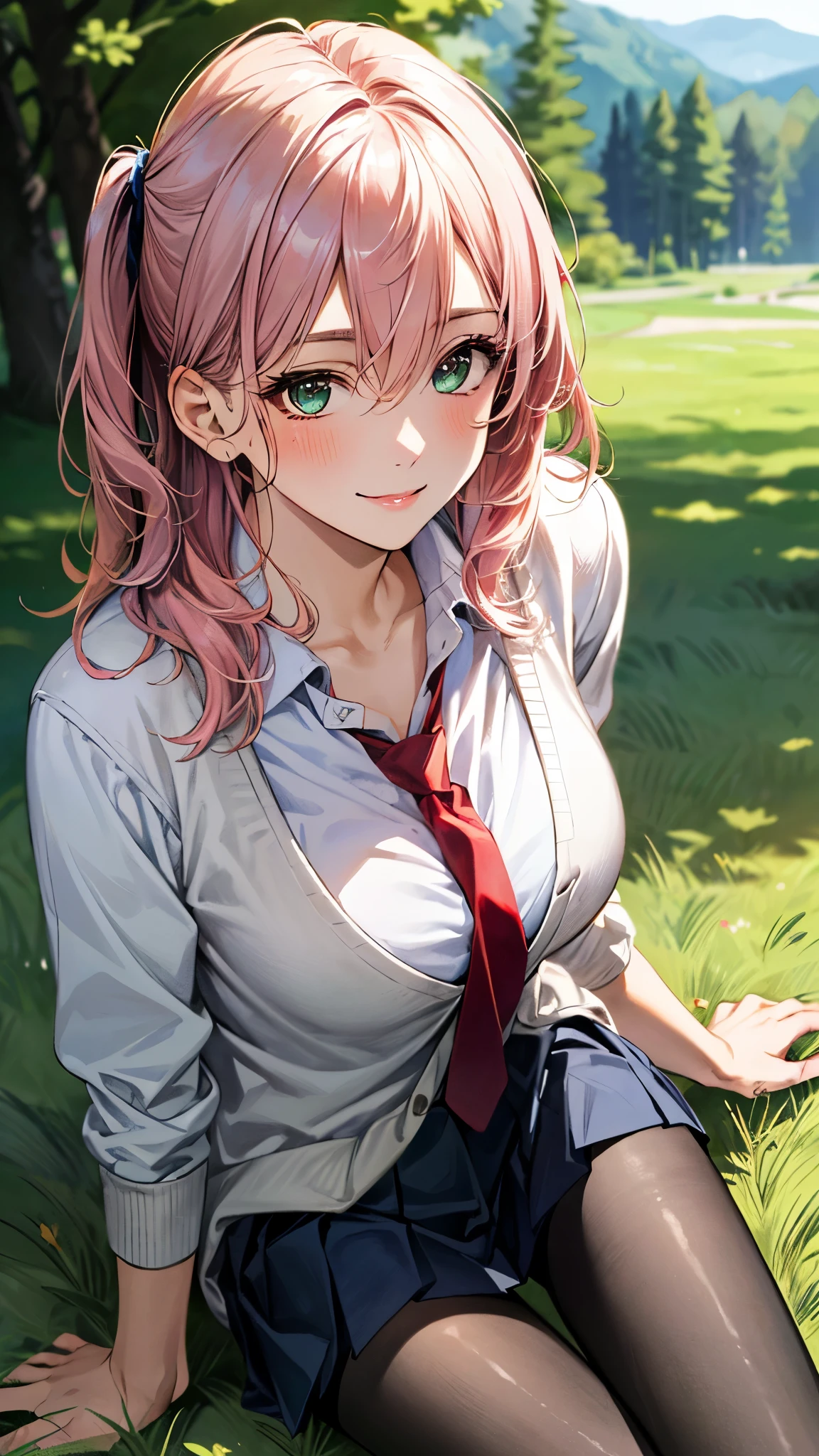 (masterpiece:1.3, top-quality, ultra high res, ultra detailed), (realistic, photorealistic:1.4), beautiful illustration, perfect lighting, natural lighting, colorful, depth of fields, , 
beautiful detailed hair, beautiful detailed face, beautiful detailed eyes, beautiful clavicle, beautiful body, beautiful chest, beautiful thigh, beautiful legs, beautiful fingers, shiny skin, babyface, 
looking at viewer, (face focus), 1 girl, japanese, high school girl, (perfect anatomy, anatomically correct, super detailed skin), cute and symmetrical face, perfect face, perfect eyes, 
(middle hair, (two side up), pink hair), hair between eyes, dark green eyes, long eyelashes, (large breasts, seductive thighs), , outstanding style, tiny, 
(detailed cloth texture, cardigan, light blue collared shirt, navy pleated skirt, red tie, black pantyhose), 
(beautiful scenery), evening, (grassy), , (lovely smile, upper eyes),