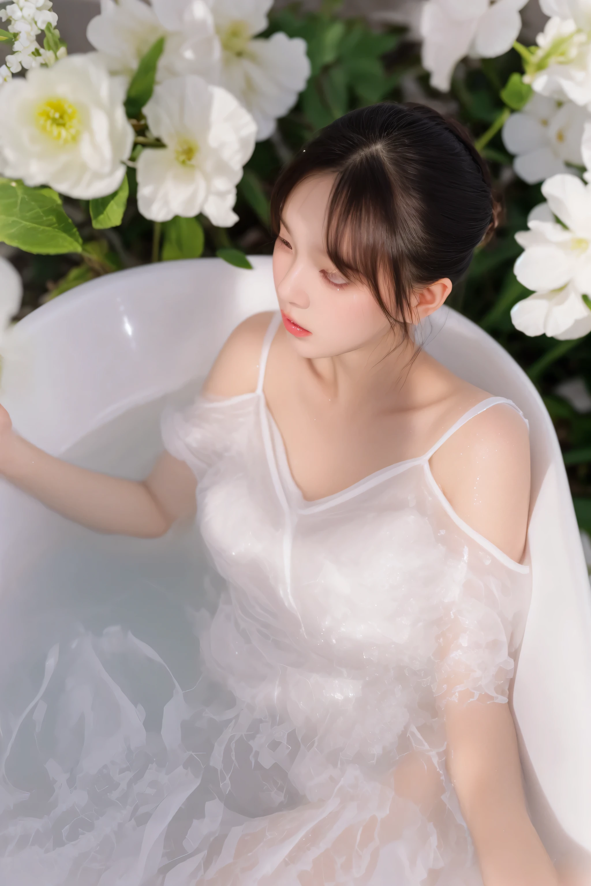 there is a woman in a white dress sitting in a tub, milk bath photography, ethereal beauty, milky white skin, ethereal and dreamy, a beautiful woman in white, in white clothes, wearing organza gown, very ethereal, dreamy and ethereal, 🤬 🤮 💕 🎀, milk - bath effect, bubble bath, ethereal!!!!!!!, white hanfu