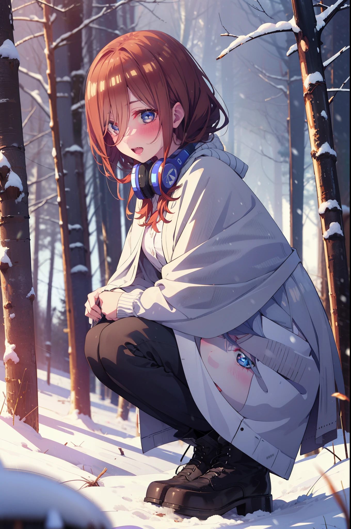 Miku Nakano, Miku Nakano, Long Hair, bangs, Brown Hair, shirt, Hair between the eyes, cardigan, Headphones around the neck,smile,blush,White Breath,
Open your mouth,snow,Ground bonfire, Outdoor, boots, snowing, From the side, wood, suitcase, Cape, Blurred, Increase your meals, forest, White handbag, nature, Squat, Mouth closed, フードed Cape, winter, Written boundary depth, Black shoes, red Cape break looking at viewer, Upper Body, whole body, break Outdoor, forest, nature, break (masterpiece:1.2), highest quality, High resolution, unity 8k wallpaper, (shape:0.8), (Beautiful and beautiful eyes:1.6), Highly detailed face, Perfect lighting, Extremely detailed CG, (Perfect hands, Perfect Anatomy),