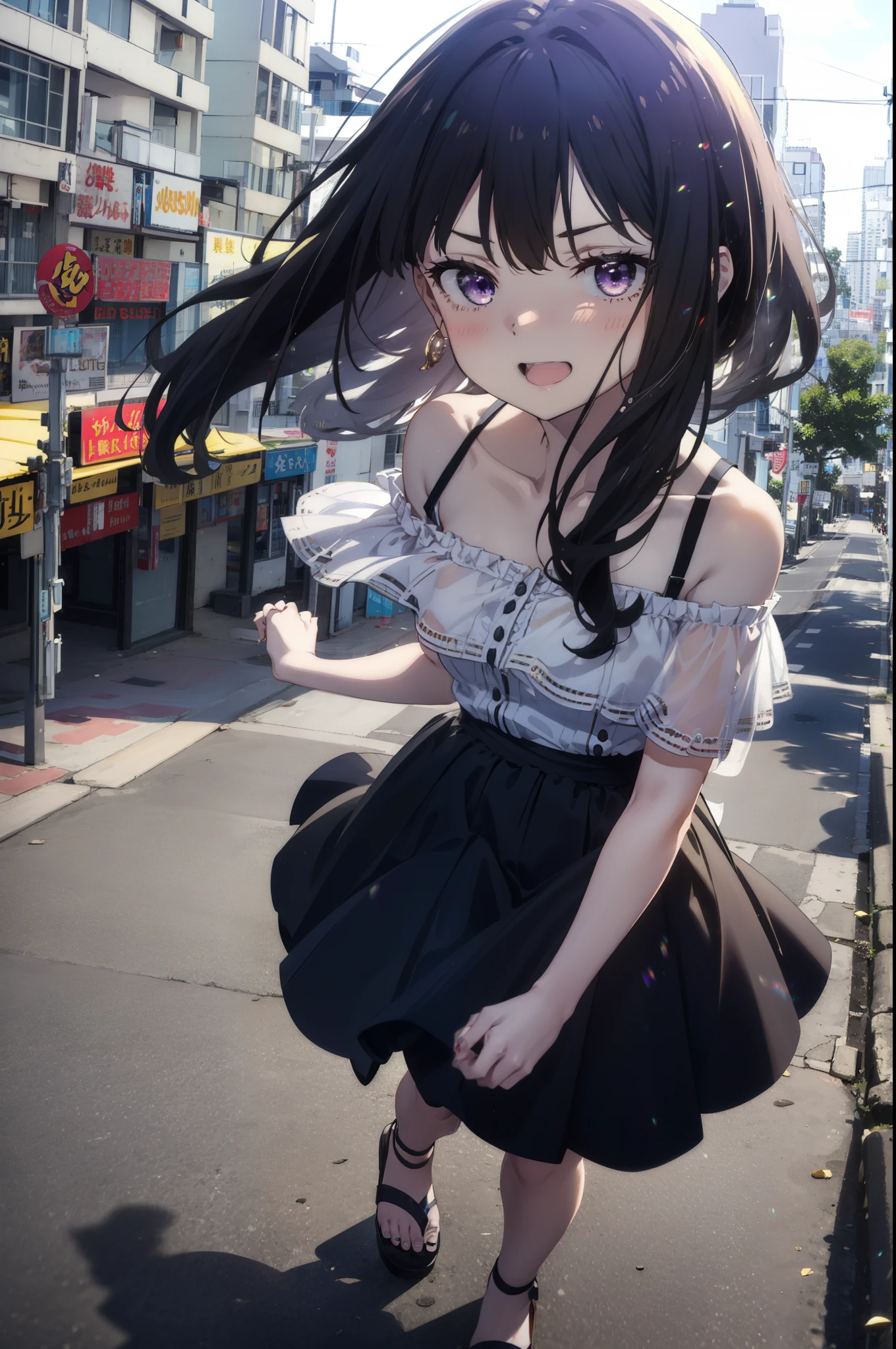 Takiuchi, Check it out, Long Hair, bangs, Black Hair, (Purple eyes:1.2),happy smile, smile, Open your mouth,Off-the-shoulder blue dress,Expose your shoulders,bare clavicle,Bare neck,Bare arms,blue long skirt,Cute heeled sandals,Real Summer,Daytime,sunny,My hair is blowing in the wind,whole bodyがイラストに入るように,Looking down from above,
break outdoors, city,海岸通り
break looking at viewer, whole body,
break (masterpiece:1.2), highest quality, High resolution, unity 8k wallpaper, (shape:0.8), (Beautiful details:1.6), Highly detailed face, Perfect lighting, Extremely detailed CG, (Perfect hands, Perfect Anatomy),