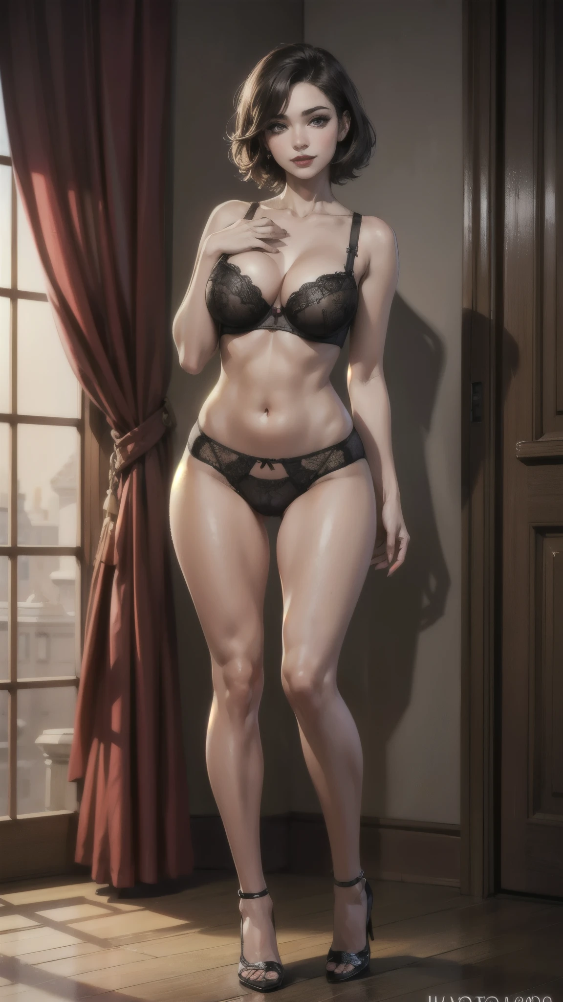 (Raw photo:1.2), (Photorealistic), Beautiful detailed girl, Very detailed eyes and face, Beautiful detailed eyes, Huge file size, High resolution, Very detailed, Best Quality, [masterpiece:1.6], Illustration, Very detailed, Fine detail, Best Quality, 32K Wallpaper, intricate details, beautiful scenery, beautiful girl, short hair, pale skin, red lips, gentle smile, medium breast, sexy panties and bra, full body photo, cameltoe