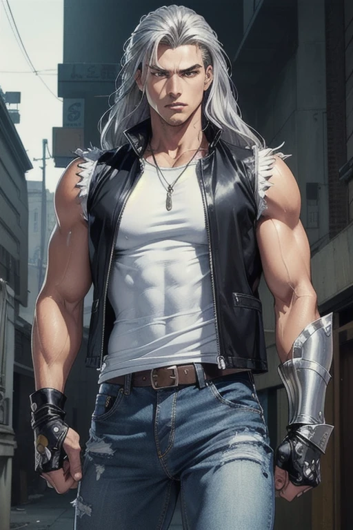 best quality,masterpiece,highly detailed,ultra-detailed,(Gauntlets),shoulder metal protection, sleeveless jeans ripped jacket white t-shirt underneath, 90's manga,male focus,1boy,solo,silver long hair,muscular,looking at viewer, post athomic background, rei, nanto, fist of the north star, manga, perfect eyes, 