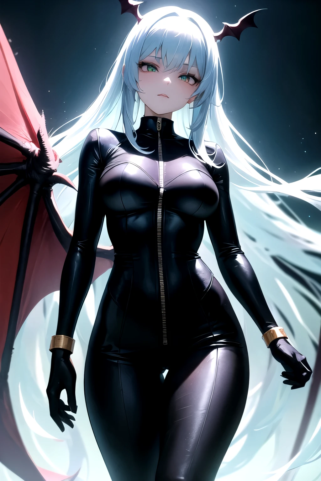 Das Bild zeigt eine weibliche, humanoide Figur, which is depicted as a demonic raven. She has a deep black skin color and large, auffallend leuchtend blaue Augen, die im Kontrast zu ihrer dunklen Haut stehen. The eyes are large and expressive, with an iridescent quality, die ihnen einen hypnotischen Effekt verleiht. Her cheeks are slightly flushed, was ihr ein freundliches und lebhaftes Aussehen verleiht.
The figure wears a black crown with a prominent red gem in the center, which may symbolize their royal or important position within their race. Ihr kurzes, dunkles Haar passt sich der Farbe ihrer Haut und ihrer Kleidung an.
Particularly striking are their large, bat-like wings, which extend from her back in a rich black. The wings give her a powerful and mysterious appearance. Sie sitzt in einer entspannten Haltung, with one leg crossed over the other, which gives her a confident and casual look.
Die Kleidung der Figur ist ebenfalls dunkel und eng anliegend, with a zipper, which runs in front, und einer kleinen Tasche auf der Brust. Die eng anliegende Kleidung betont ihre schlanke, athletische Statur. A black belt around her waist completes the outfit.
The background of the picture is in muted blue and green tones, which makes the figure stand out even more and gives it a certain mystical atmosphere. Overall, the image conveys an impressive mixture of strength, Eleganz und Geheimnis.