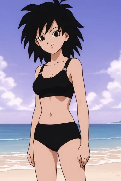 source_anime, score_9,score_8_up, score_7_up, ginedb, anime screencap, 1girl, solo, looking at viewer, smile, medium breasts, black hair, beach, ocean, bare shoulders, medium breasts, smile, standing, cowboy shot, medium hair, black eyes, spiked hair, eyelashes, masterpiece, best quality, very aesthetic, absurdres, black bikins, black bra, black panty, midriff, blue skies, street, standing, cowboy shot,