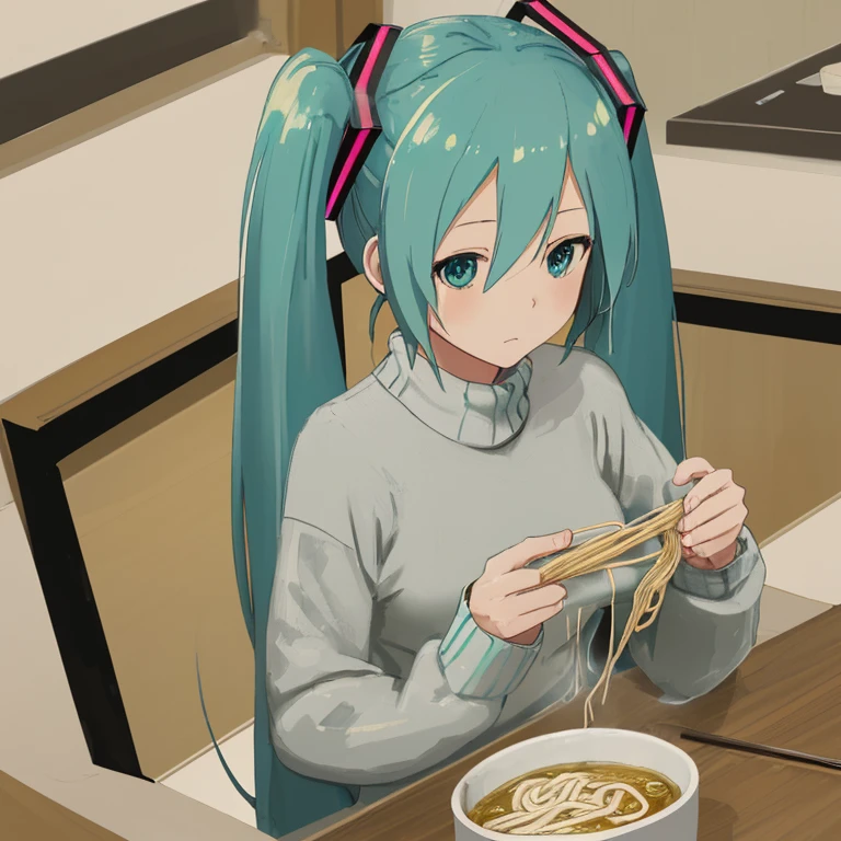 Hatsune Miku knitting a sweater at Ramen Jiro