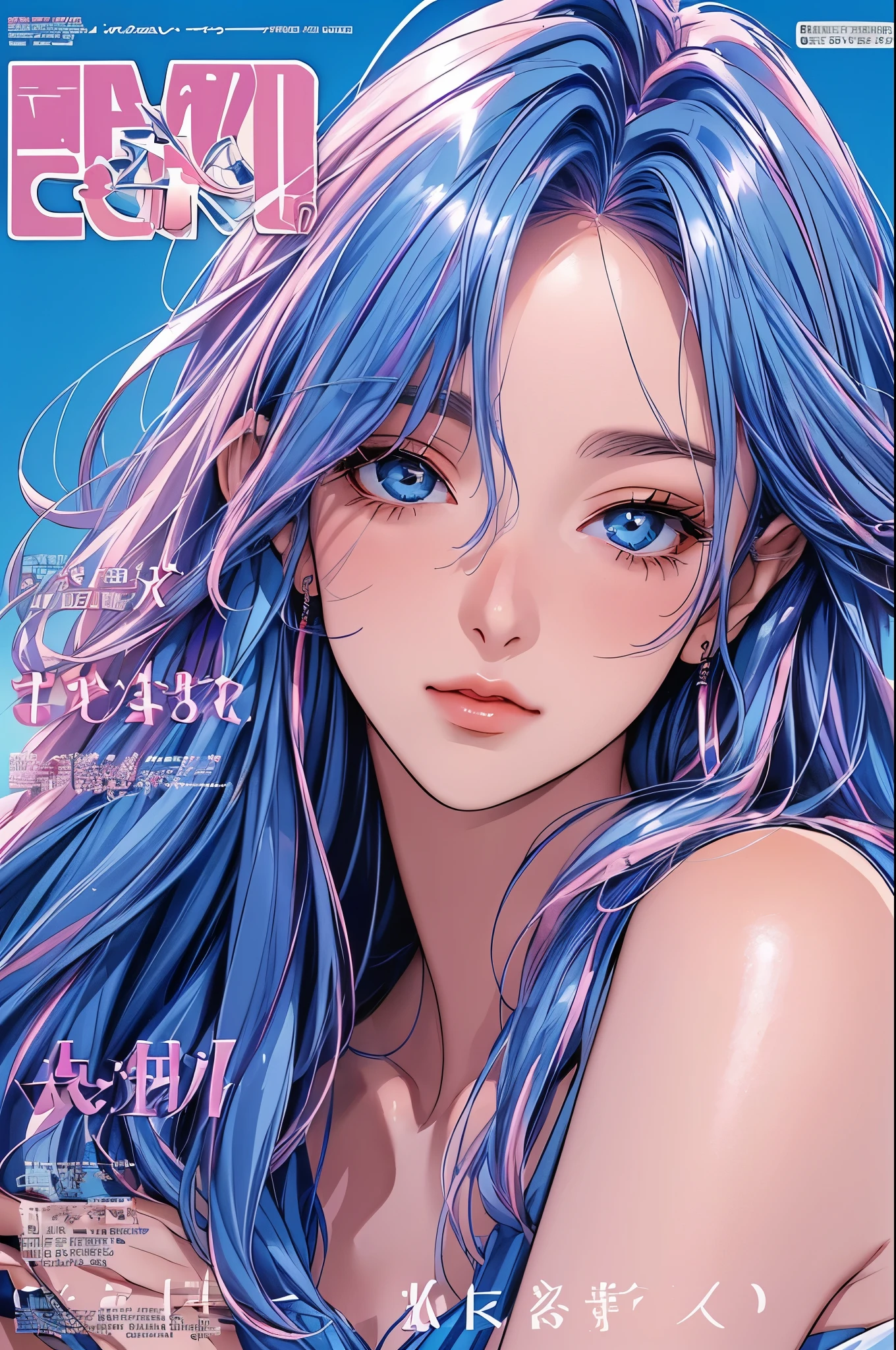 Woman in Greece portrait anime dark blue hair streaked pink purple hair blue eyes sunset hour realistic photography Beach House at Greek island animation realistic (magazine:1.35) (cover-style:1.3)