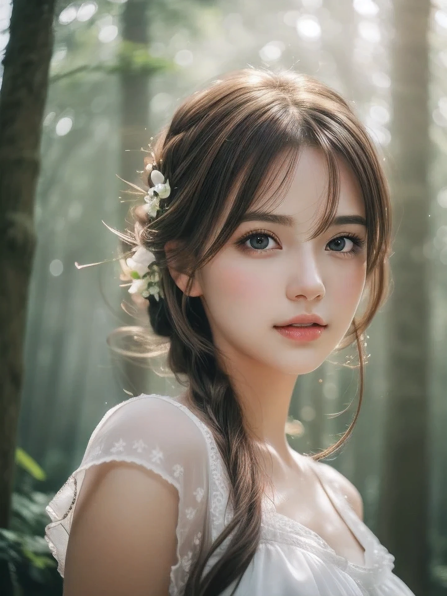 masterpiece, highest quality, High resolution, wallpaper, realistic, (bright lighting:1.4), professional lighting, face light, smooth lighting, (shoot from front:1.8), 1 girl, closeup-face, cute, sleepy, open mouth to say something, shy, Beautiful girl, sexy, super beautiful, beautiful skin, beautiful and detailed eyes、detailed face、slim、moderately, half updo, brunette colored hair, brown eyes, Professional Photography, Bokeh, Portrait, The morning sunlight shines through the misty forest path. white Summer Dresses,