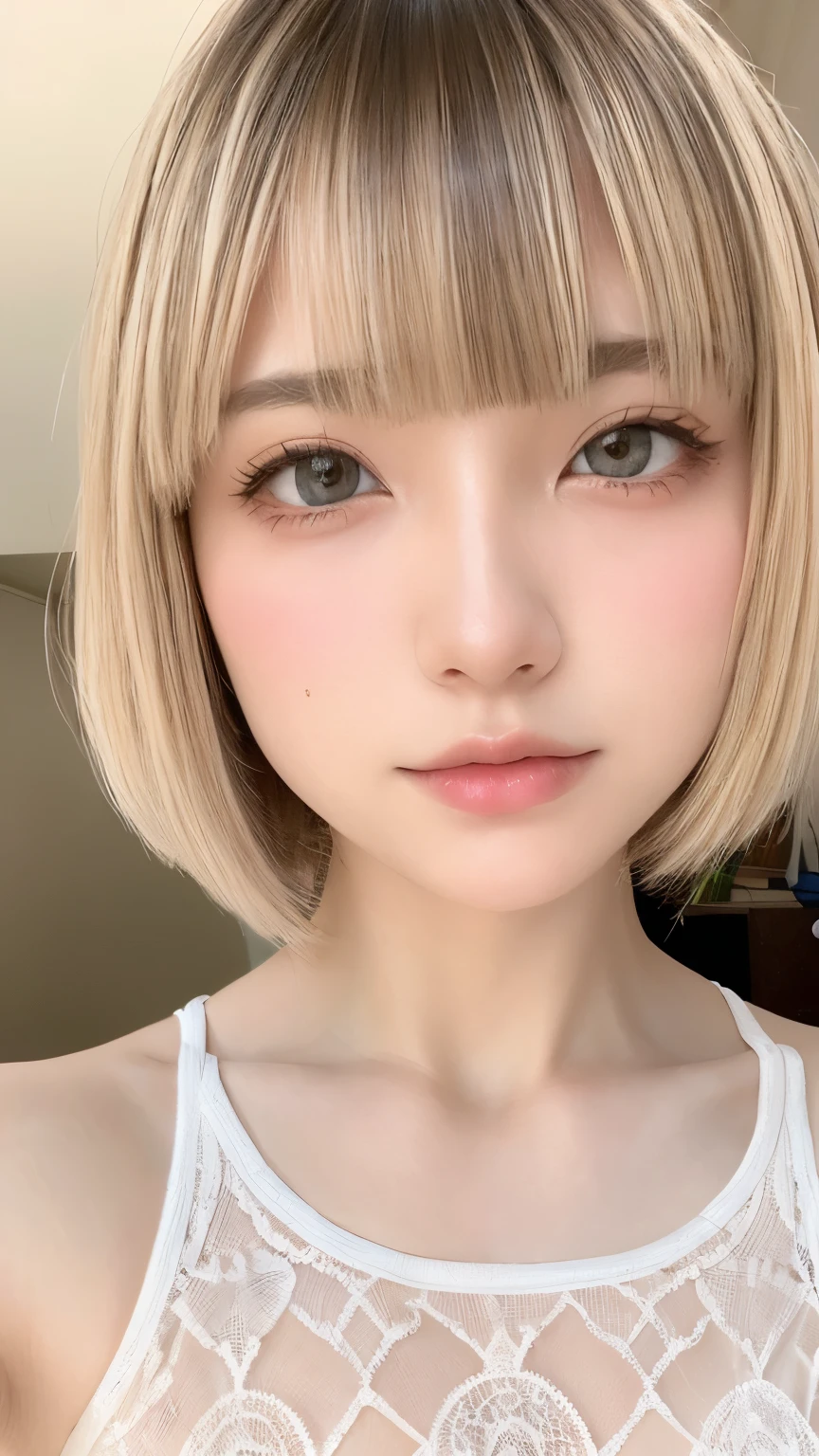 see through,Beautiful and fair、Radiant Skin, 3 Up, Gorgeous, bright, Refreshing and gentle expression, Perfect beautiful face、Beautiful shiny bangs, A very beautiful 17 year old girl, Eyeliner, Very perfect eyes,Very large breasts,Grooves reveal original skin,Muscular body,Khaki Lace Yoga Wear,Blonde short hair