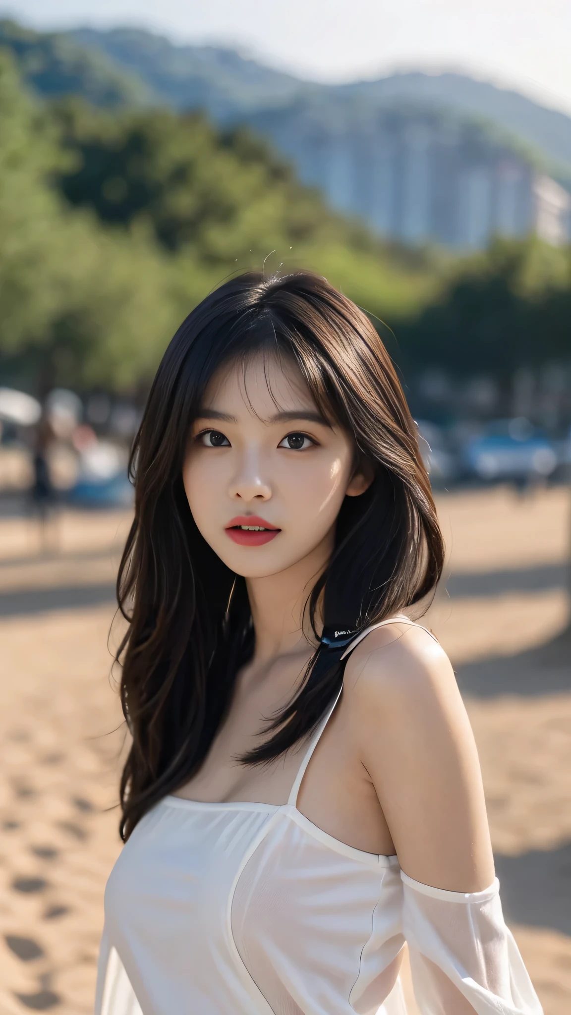 A perfect young female,High picture quality,Works of masters,Black hair,Long hair flowing over the shoulders,Beach wave hairstyle white,cropped shoulders,exquisite face,Hydrated red lips,Real Human,CG rendering, depth of fiel, blurred background