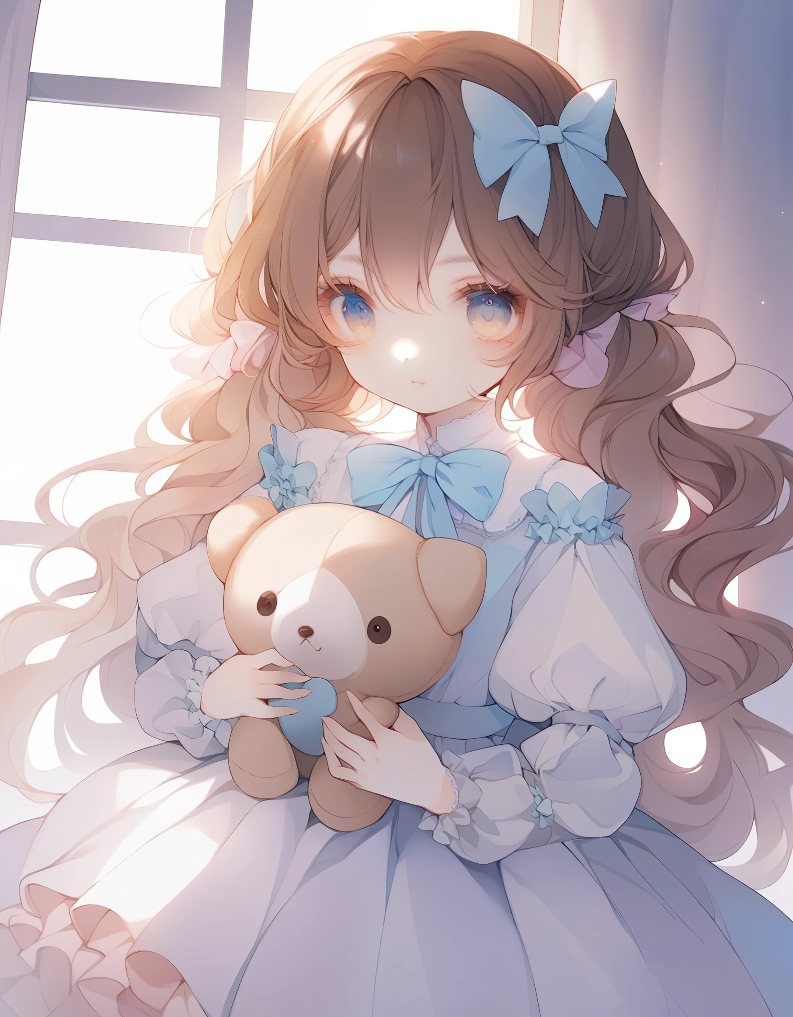 Alone, 1 girl, psgmeia, Expressionless, looking at viewer, holding doll, plush toy, hair bow, dress, long sleeves, juliet sleeves, striped thighs, Indoors
