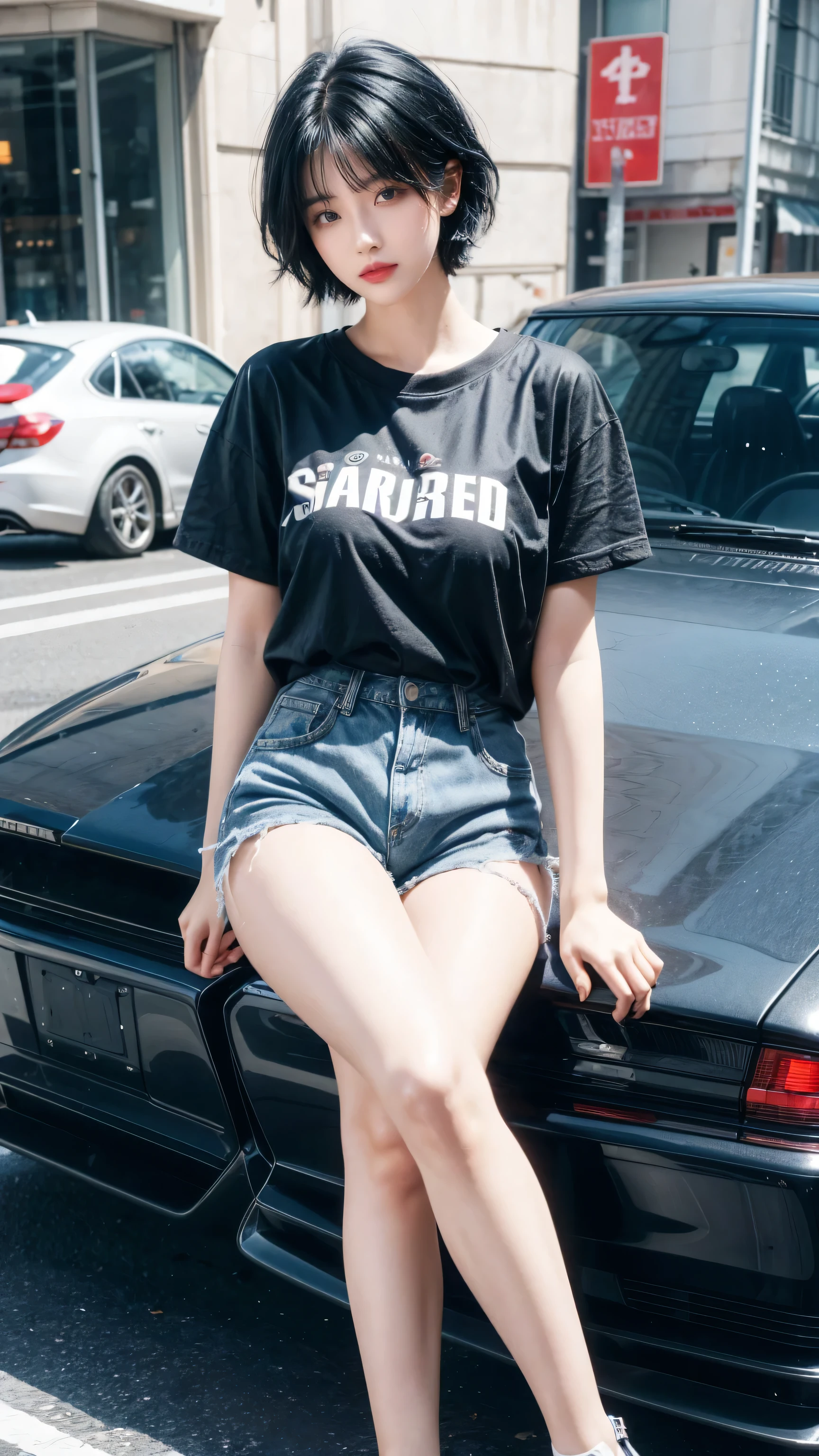 best quality, 1 Girl, dark blue hair, black eyes, Very short hair, Spiky hair, blue oversize t-shirt, High waist short jeans, 171 cm, Messy hair, Hair between the eyes, Medium breasts, full, Tomboy, aldult, 20 years old, 1 Girl near red down car