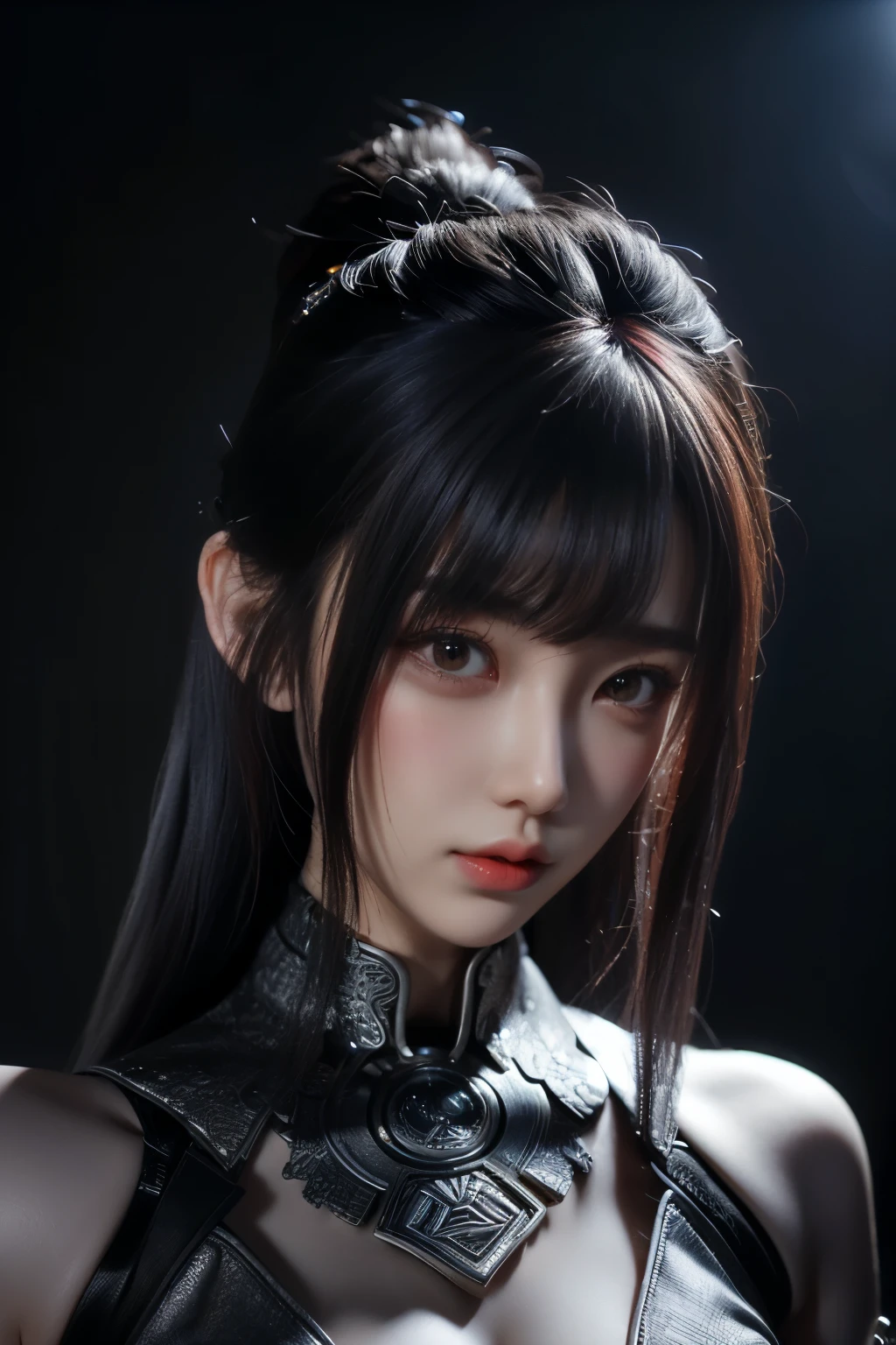 Masterpiece,Game art,The best picture quality,Highest resolution,8K,(Portrait),Unreal Engine 5 rendering works,(Digital Photography),((Portrait Feature:1.5)),
20 year old girl,Short hair details,With long bangs,(The red eye makeup is very meticulous),(With long gray hair:1.4),(Large, full breasts),Elegant and noble,Brave and charming,
(Future armor combined with the characteristics of ancient Chinese armor,Hollow design,Power Armor,The mysterious Eastern runes,A delicate dress pattern,A flash of magic),Warrior of the future,Cyberpunk figures,Background of war,
Movie lights，Ray tracing，Game CG，((3D Unreal Engine))，OC rendering reflection pattern