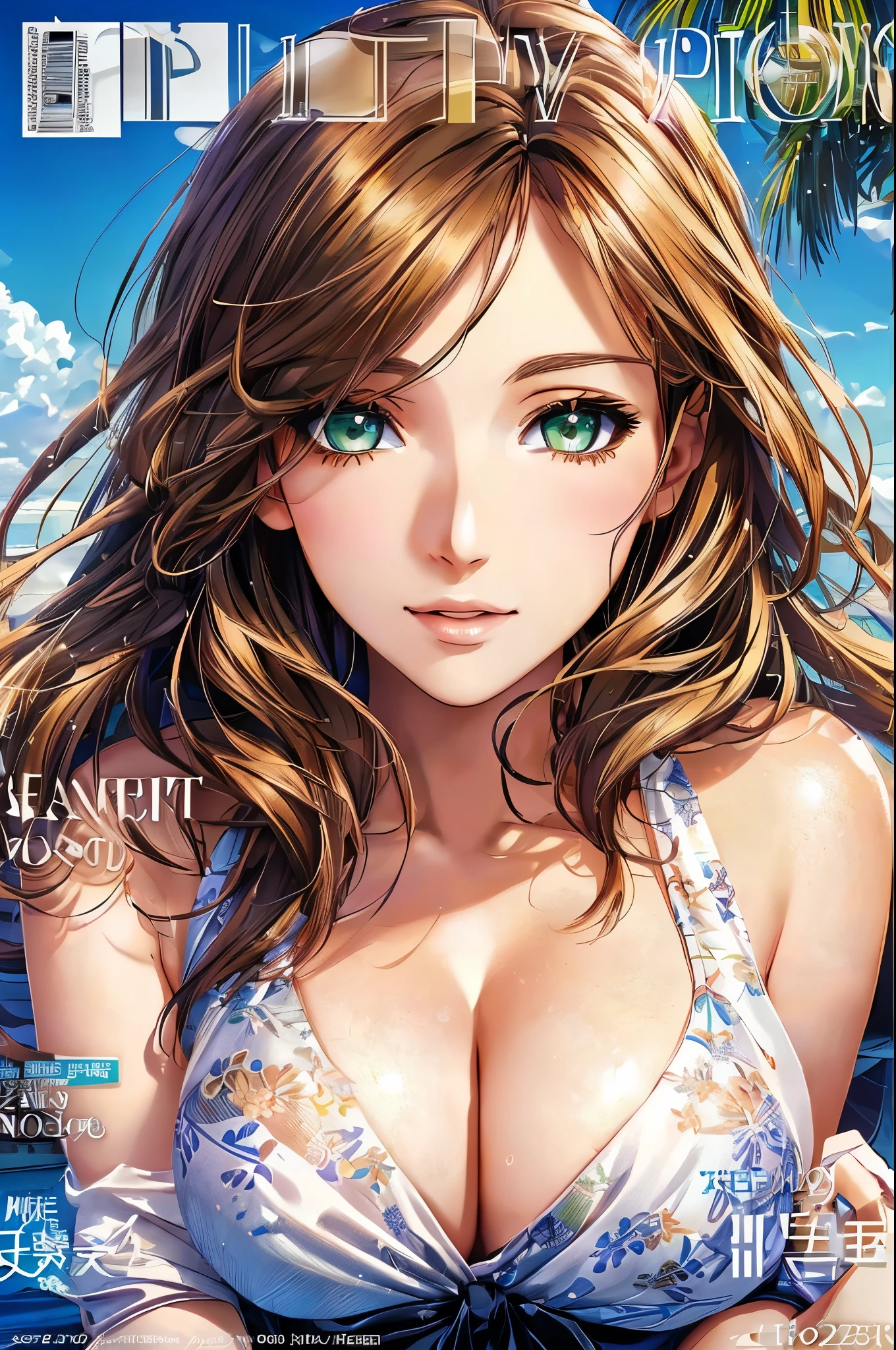Woman in Greece portrait anime green eyes Nikon camera sunset hour realistic photography Beach House at Greek island animation realistic brown hair (magazine:1.4) (cover-style:1.3)