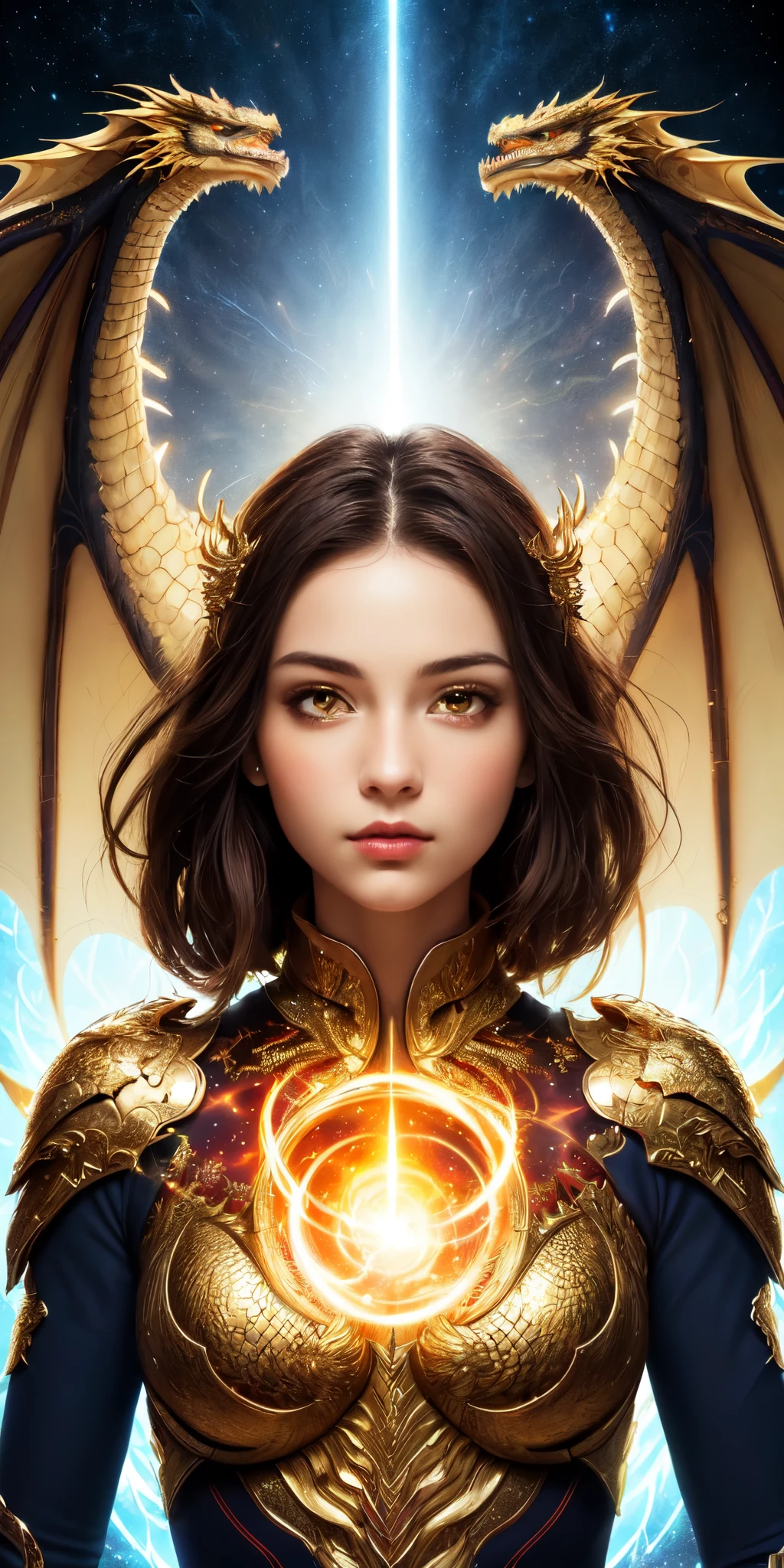 (Artwork, Top Quality, Best Quality, Official Art, Beautiful & Aesthetic:1.2), (1 Girl), Extremely Detailed Eyes, (Fractal Art:1.3), Colorful, Most Detailed, (Perfect Face), Glowing Skin, HDR, (White Mantle Golden Lines:1.2), Galaxy, (Light Stripes), Stunning Visuals, (Dynamic Stripes, Light Trails:1.2), Vibrant Colors, (Phoenix), (Dragon)